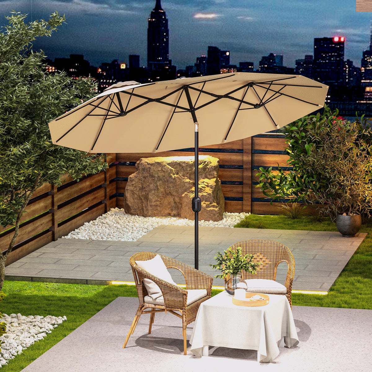 Double Sided Patio Umbrella, 9.7' Large Outdoor Market Umbrella with Push Button Tilt and Crank, 3 Air Vents and 12 Ribs, for Garden, Deck, Pool, Brown
