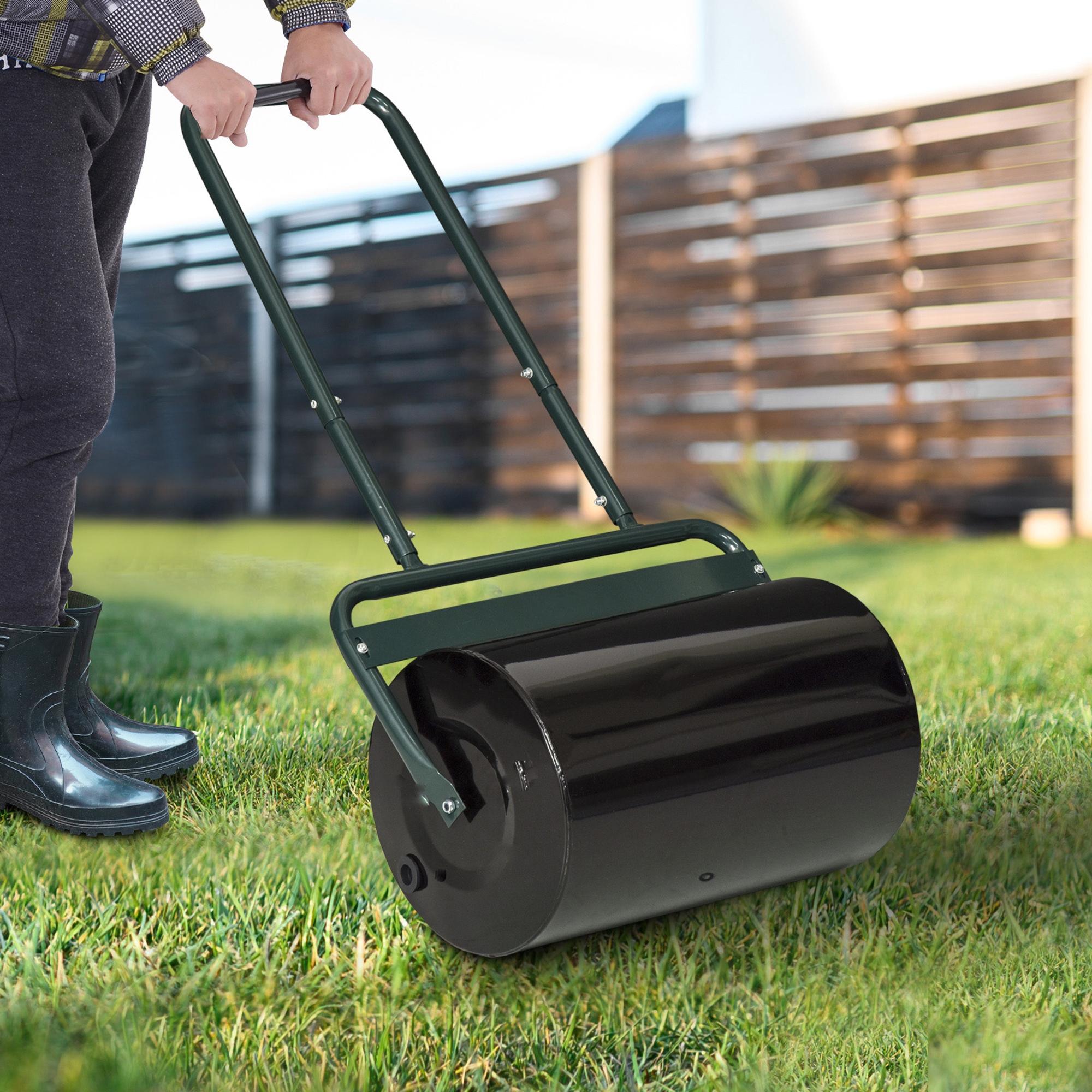 20-Inch Push/Tow Behind Lawn Roller Filled with 10 Gal Water or Sand for Flattening Sod in the Garden, Dark Green