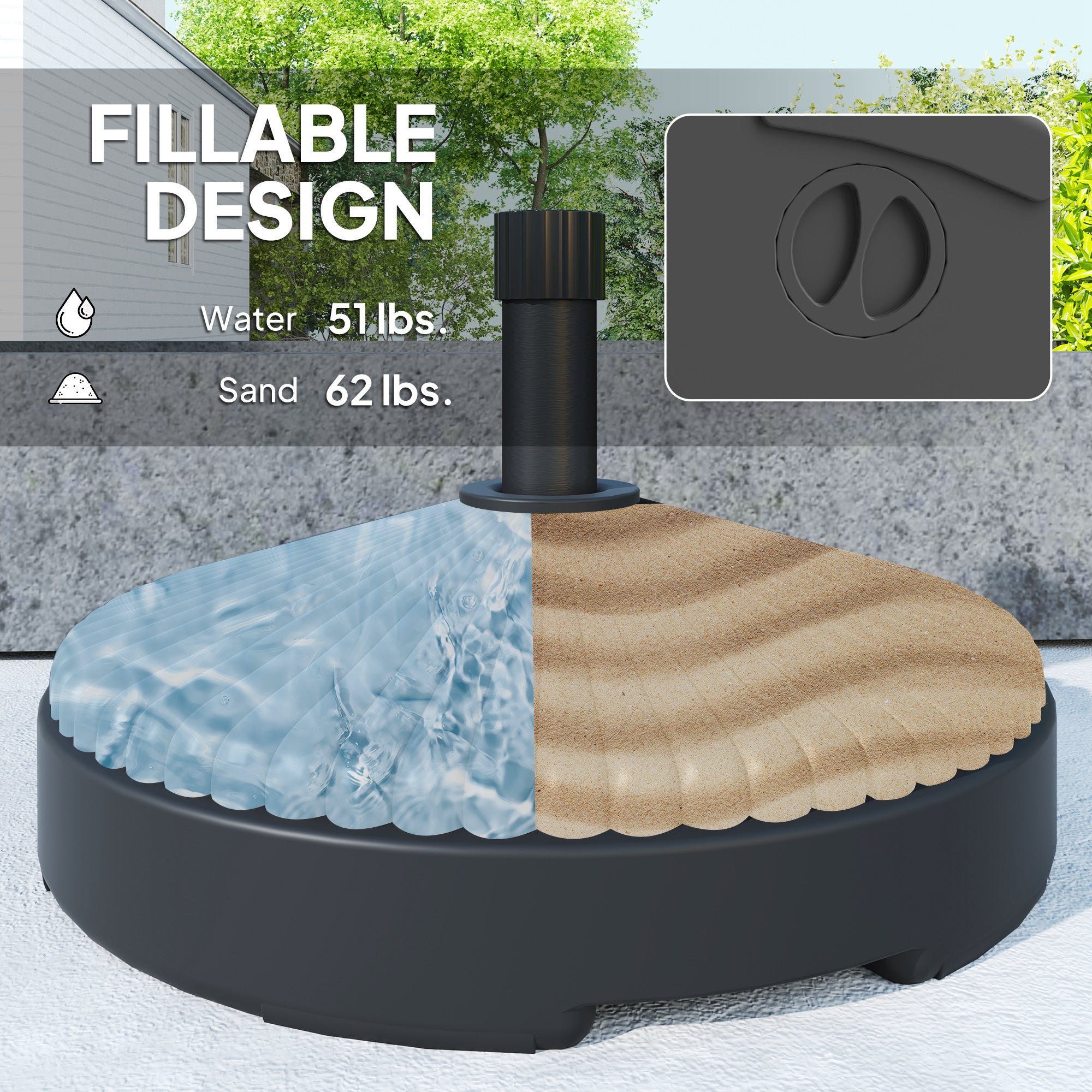 Round Patio Umbrella Base Holder, Heavy Duty Outdoor Umbrella Stand Base, Filled Up to 62lbs with Sand or 51lbs with Water for Garden, Poolside, Black