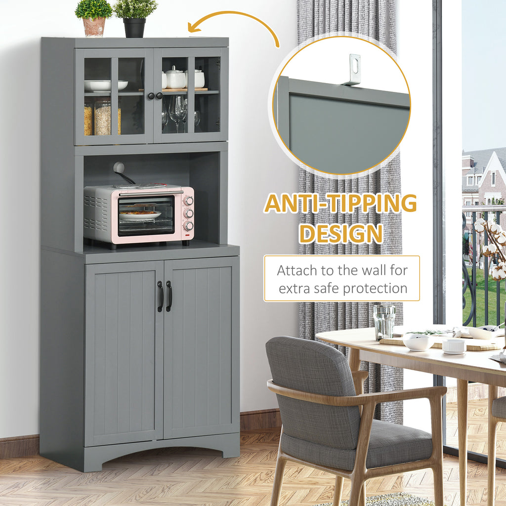 Storage Cabinet with Adjustable Shelves and Microwave Space, 70" Pantry Cabinet with Glass Framed Door, Gray