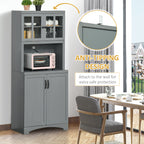 Storage Cabinet with Adjustable Shelves and Microwave Space, 70" Pantry Cabinet with Glass Framed Door, Gray