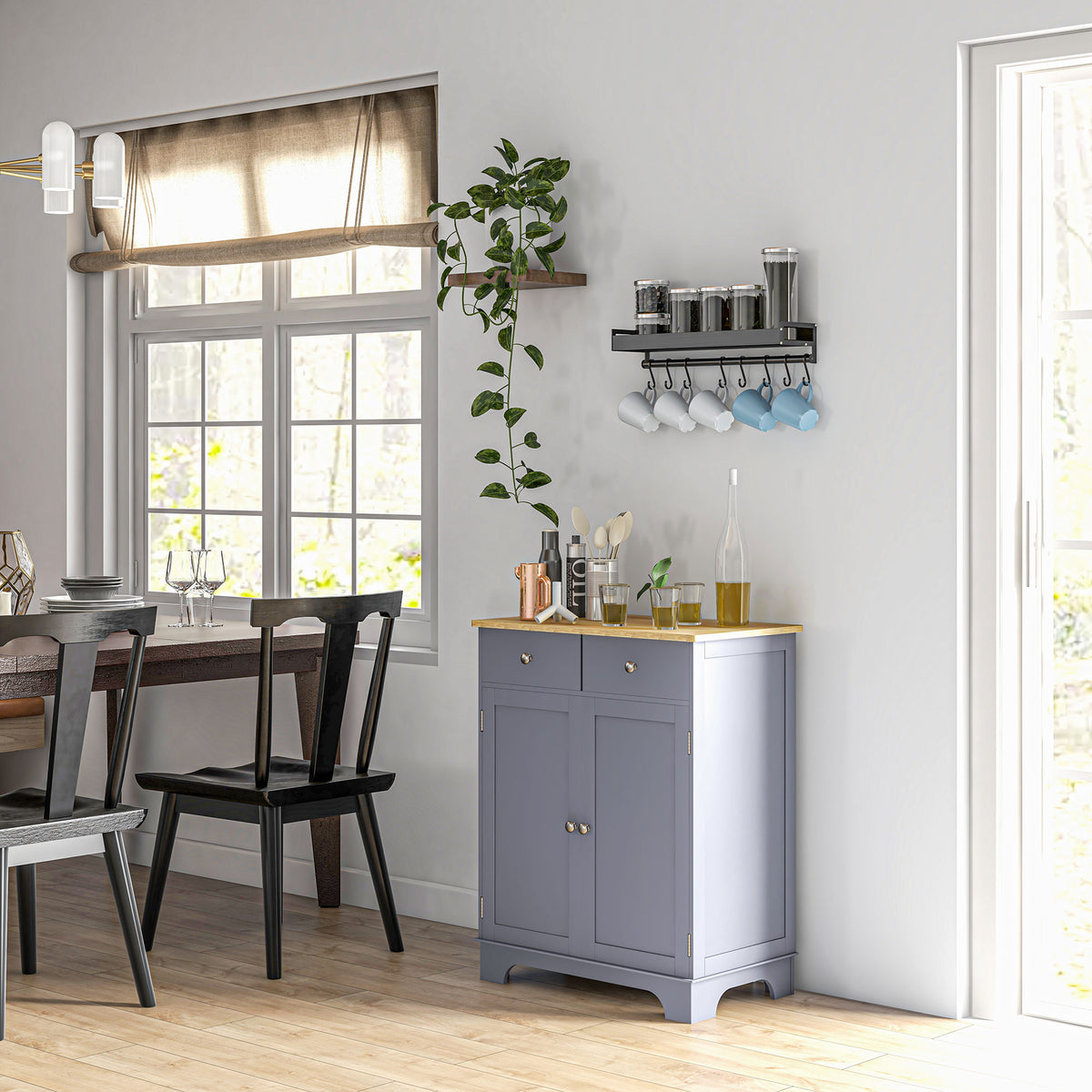 Kitchen Storage Cabinet, Sideboard Floor Cupboard with Solid Wood Top, Adjustable Shelf, and 2 Drawers, Gray