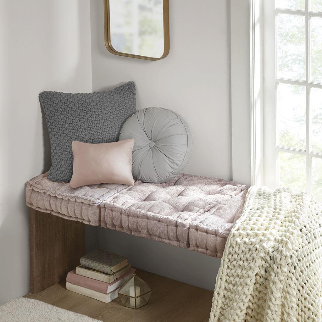 Textured Chenille Square Floor Pillow Cushion with Tufted Detailing, 100% Hypoallergenic Polyester, Scalloped Edge, 20" L x 20" W x 5" H, Blush