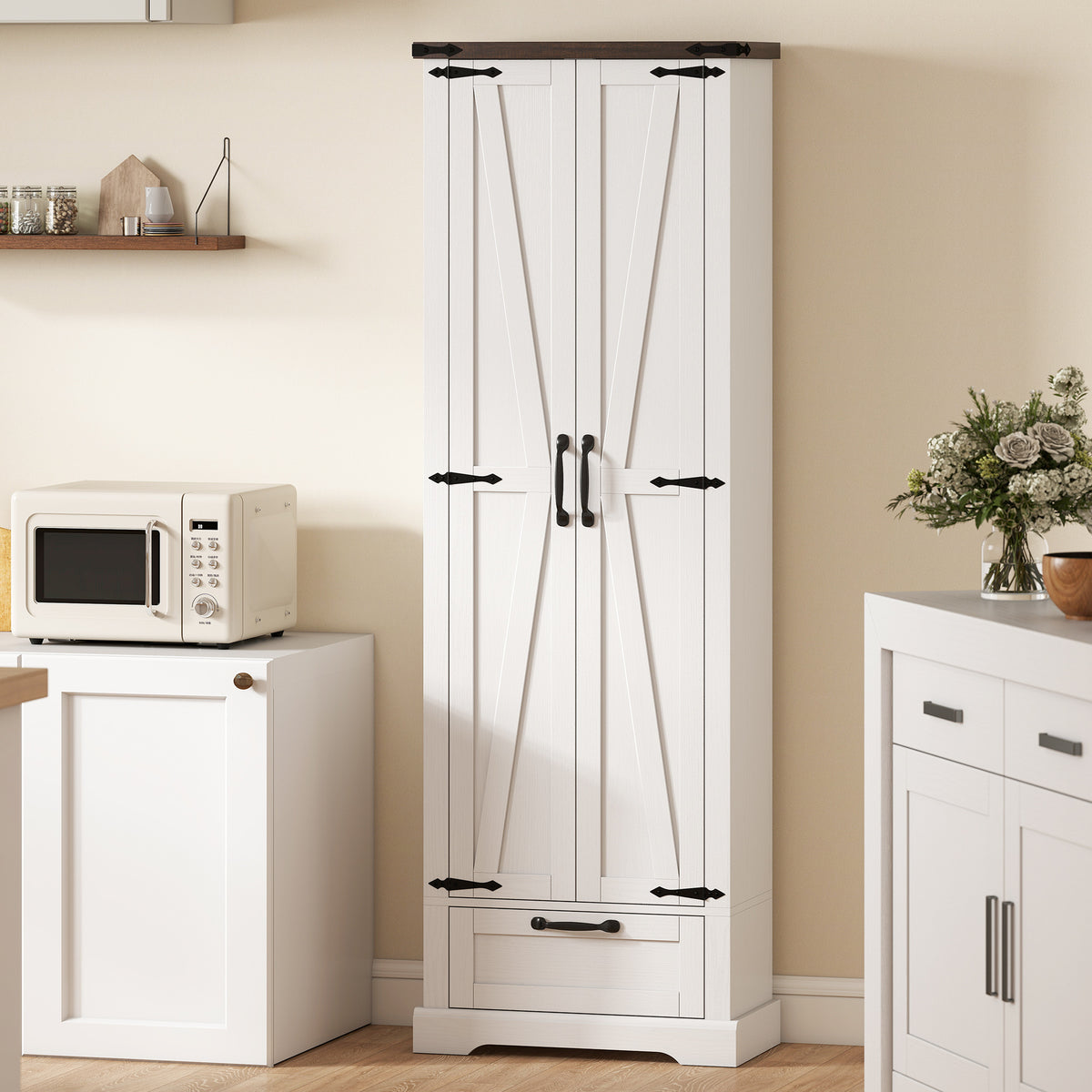 71" Pantry Cabinet, Kitchen Storage Cabinet with Adjustable Shelves, Barn Doors and Drawer for Dining Room, White
