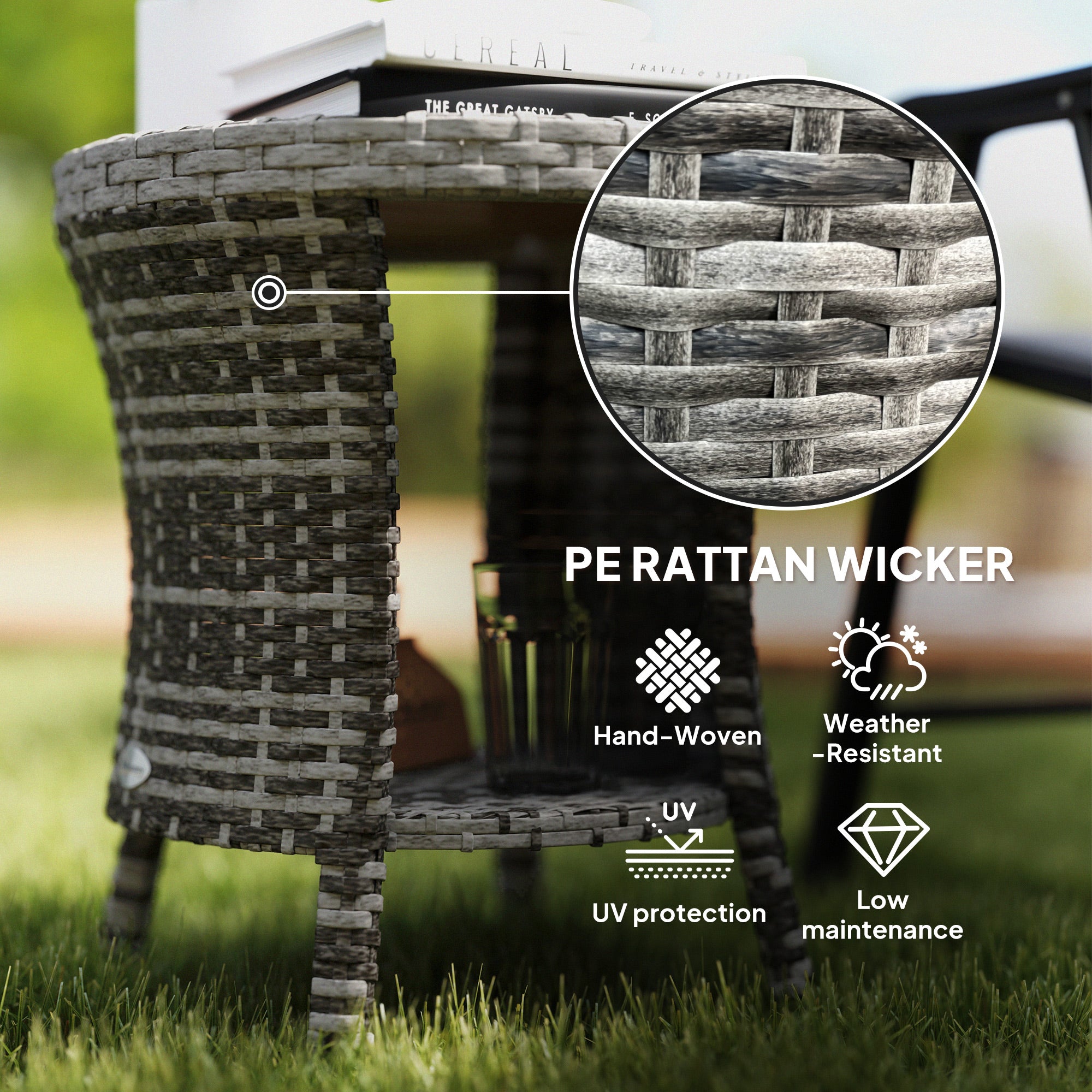 18" Wicker Outdoor Coffee Table, PE Rattan Patio Side Table with 2-Tier Storage, Composite Wood Top, Mixed Gray