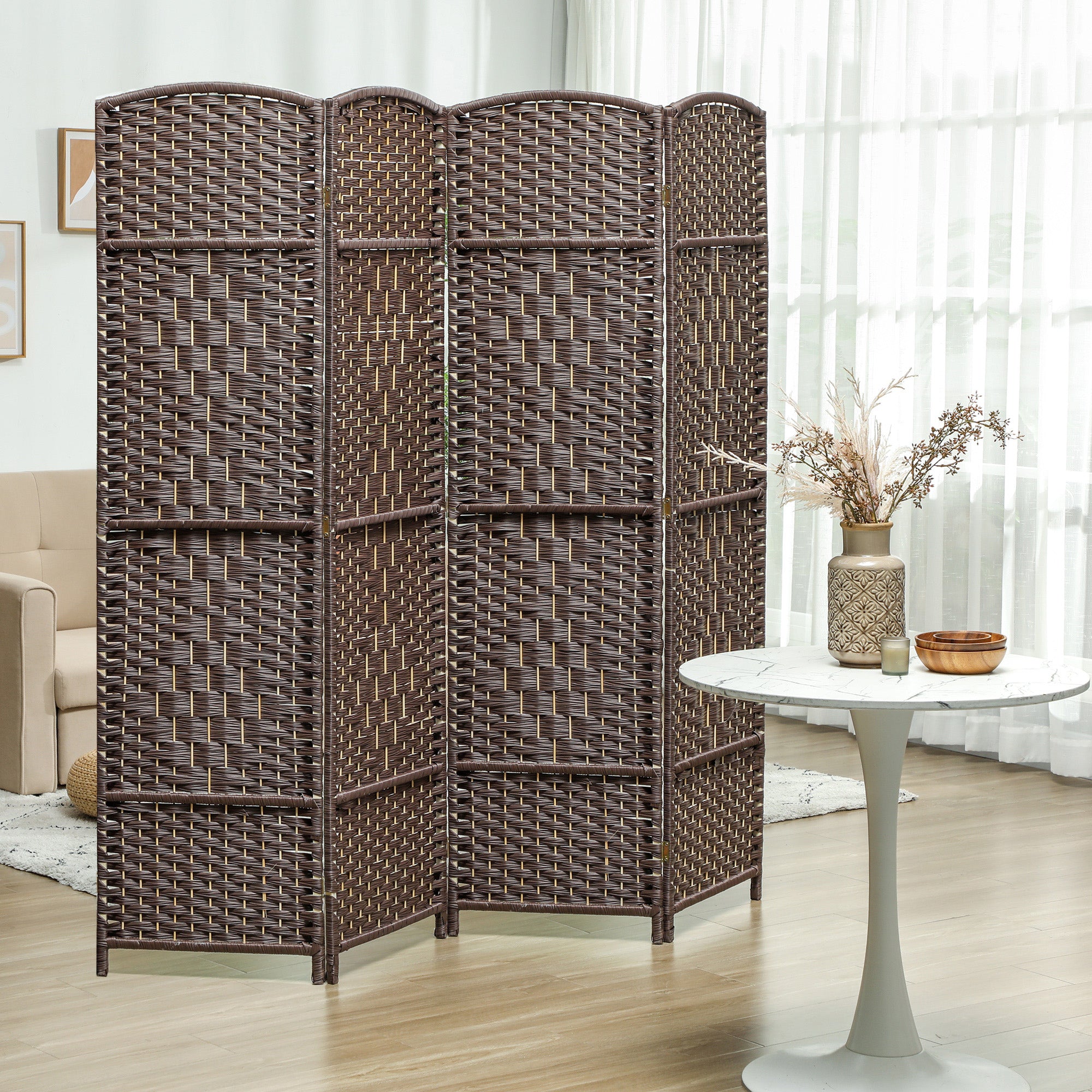Folding Room Divider Screen 4 Panel 6' Tall Privacy Screen Freestanding Wood Partition for Home Office, Brown