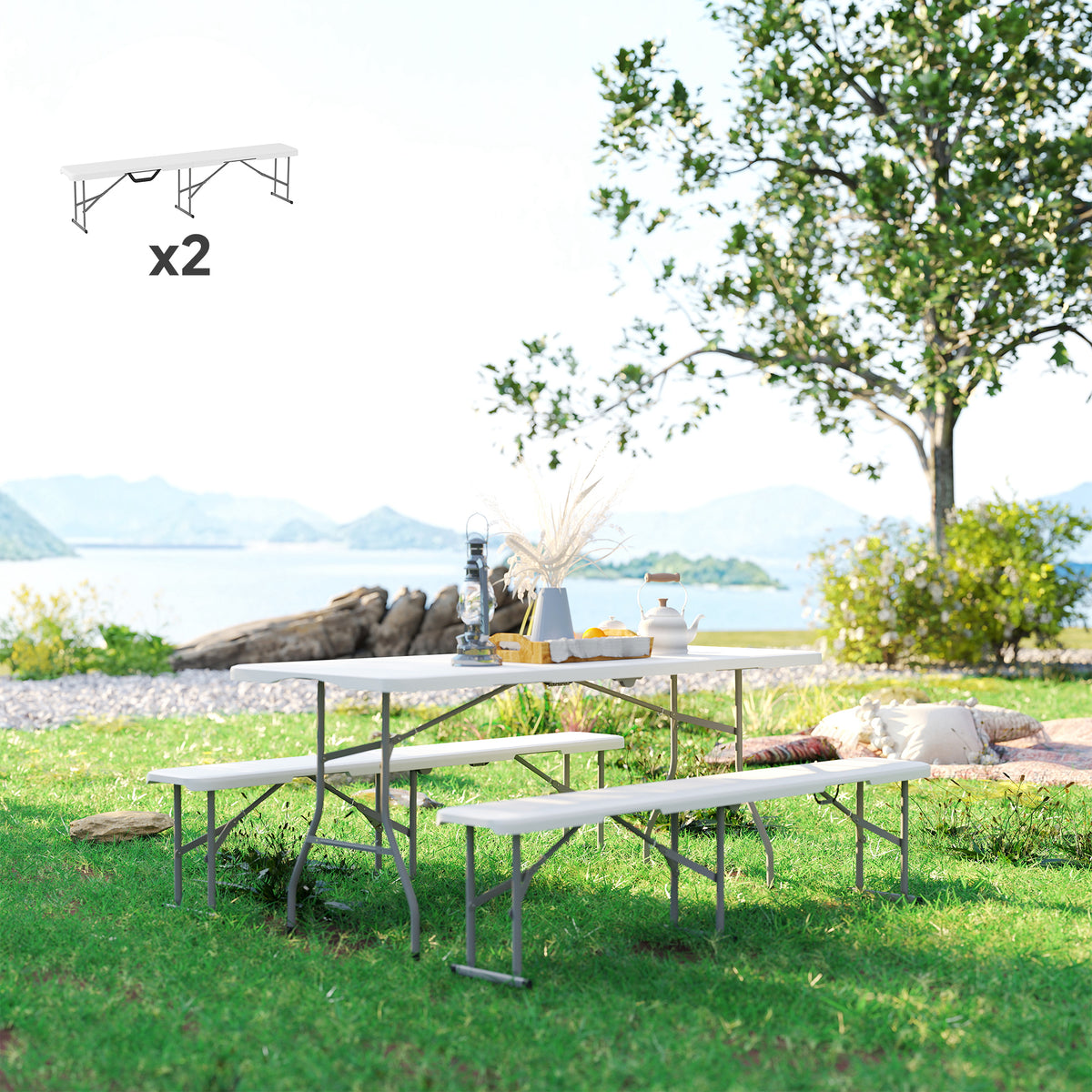 2 Pack 6 ft Portable Foldable Bench Seats, Plastic Folding Benches with Carrying Handle for Camping, White