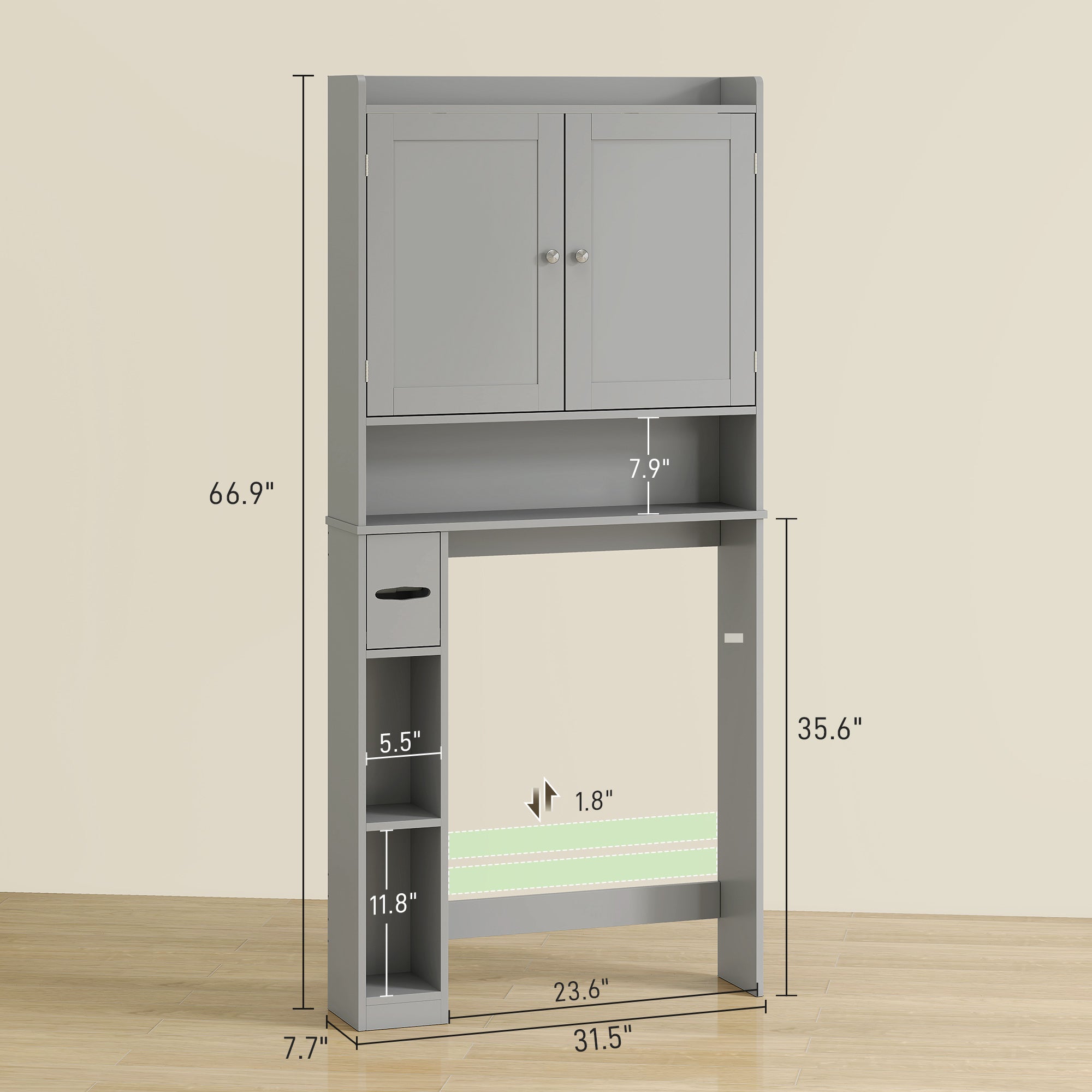 Modern Over the Toilet Storage Cabinet with 2 Doors, Above Commode Storage Cabinet with Toilet Paper Holder, Gray