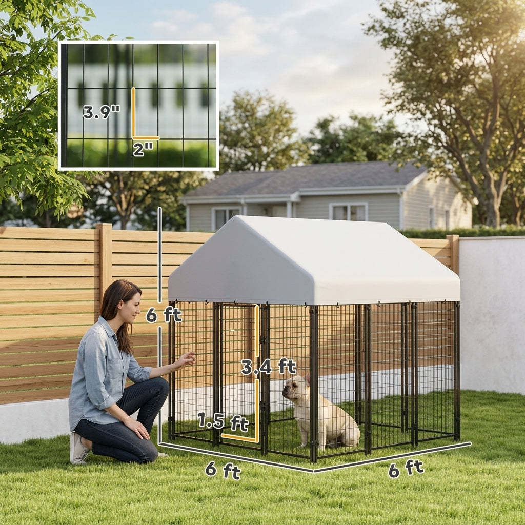 Outdoor Dog Kennel with Roof, 6' x 6' x 6' Heavy Duty Welded Wire Dog Playpen Enclosure with Escape-proof Lock
