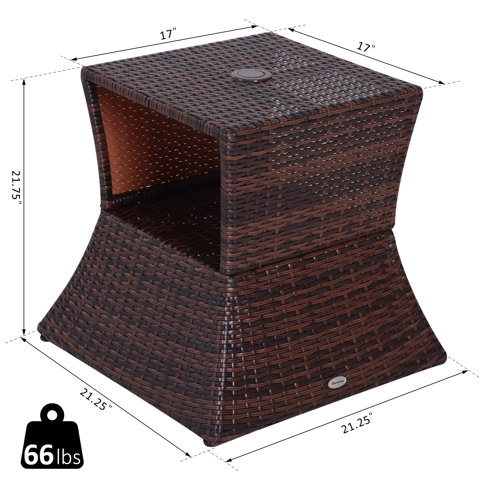 Outdoor Side Table with Umbrella Hole, 2 Tier Rattan Wicker End Table with Storage Shelf, All Weather for Outdoor, Patio, Garden, Backyard, Mixed Brown