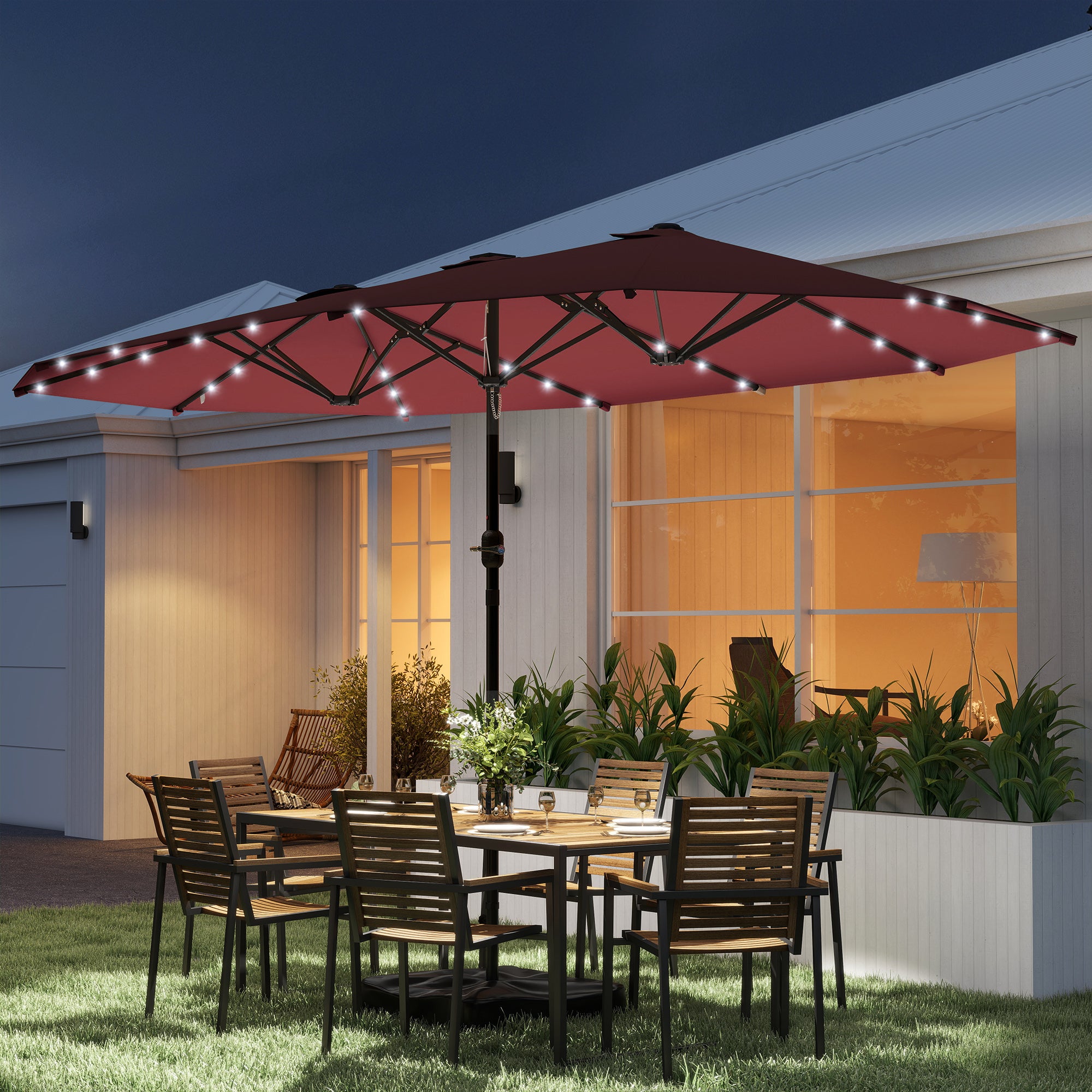 Garden Parasol 14.4ft Double-Sided Sun Umbrella with Base, Patio Parasol with LED Solar Lights, Wine Red