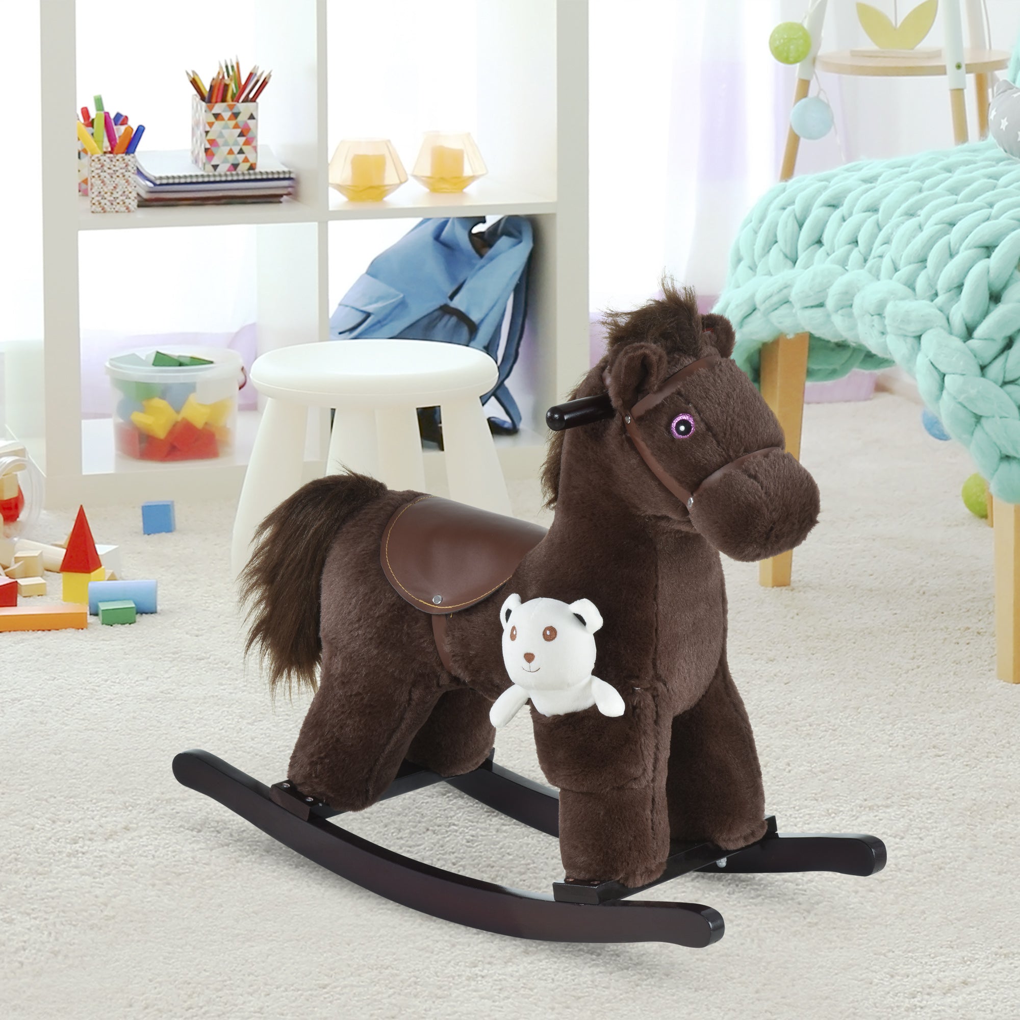 Kids Rocking Horse with Bear Toy, Plush Animal Rocker with Fun Realistic Sounds for Toddler 18-36 Months, Brown