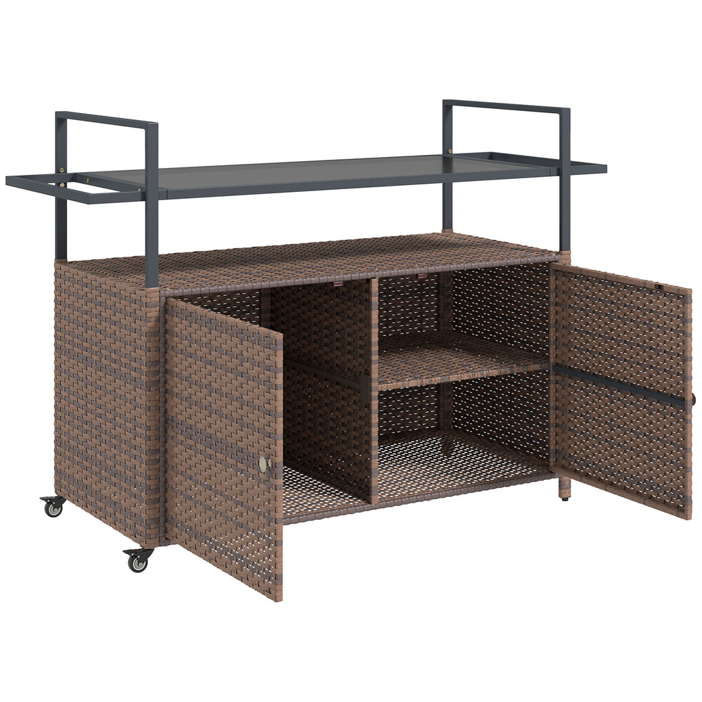 2-Tier Shelf PE Rattan Outdoor Bar Table, Glass Top Outdoor Serving Cart with Cabinet, Mixed Brown