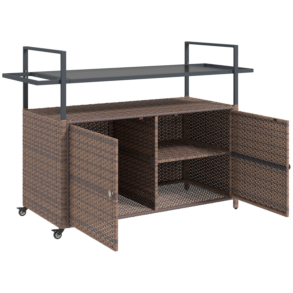 2-Tier Shelf PE Rattan Outdoor Bar Table, Glass Top Outdoor Serving Cart with Cabinet, Mixed Brown
