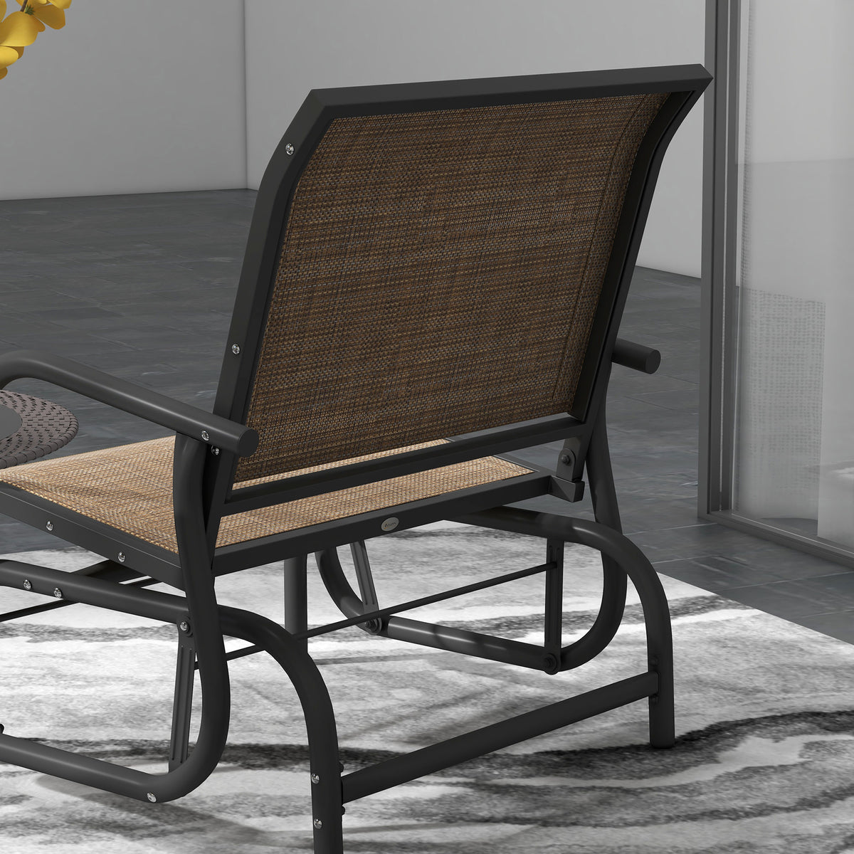 2 Pieces Outdoor Glider Chair, Steel Swing Chai with Curved Armrests for Porch, Garden, Poolside, Balcony, Mixed Brown