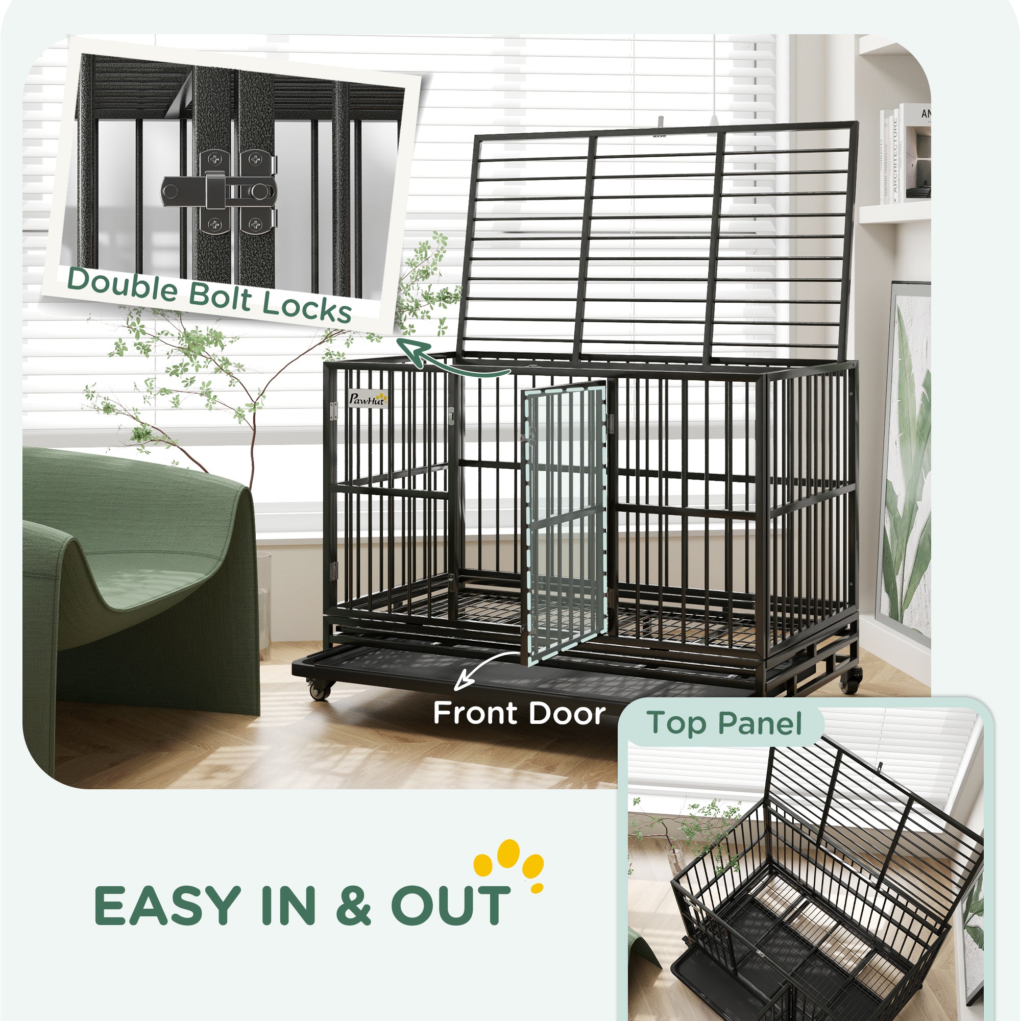 48" Heavy Duty Dog Crate Metal Cage Kennel with Lockable Wheels, Double Door and Removable Tray, gray
