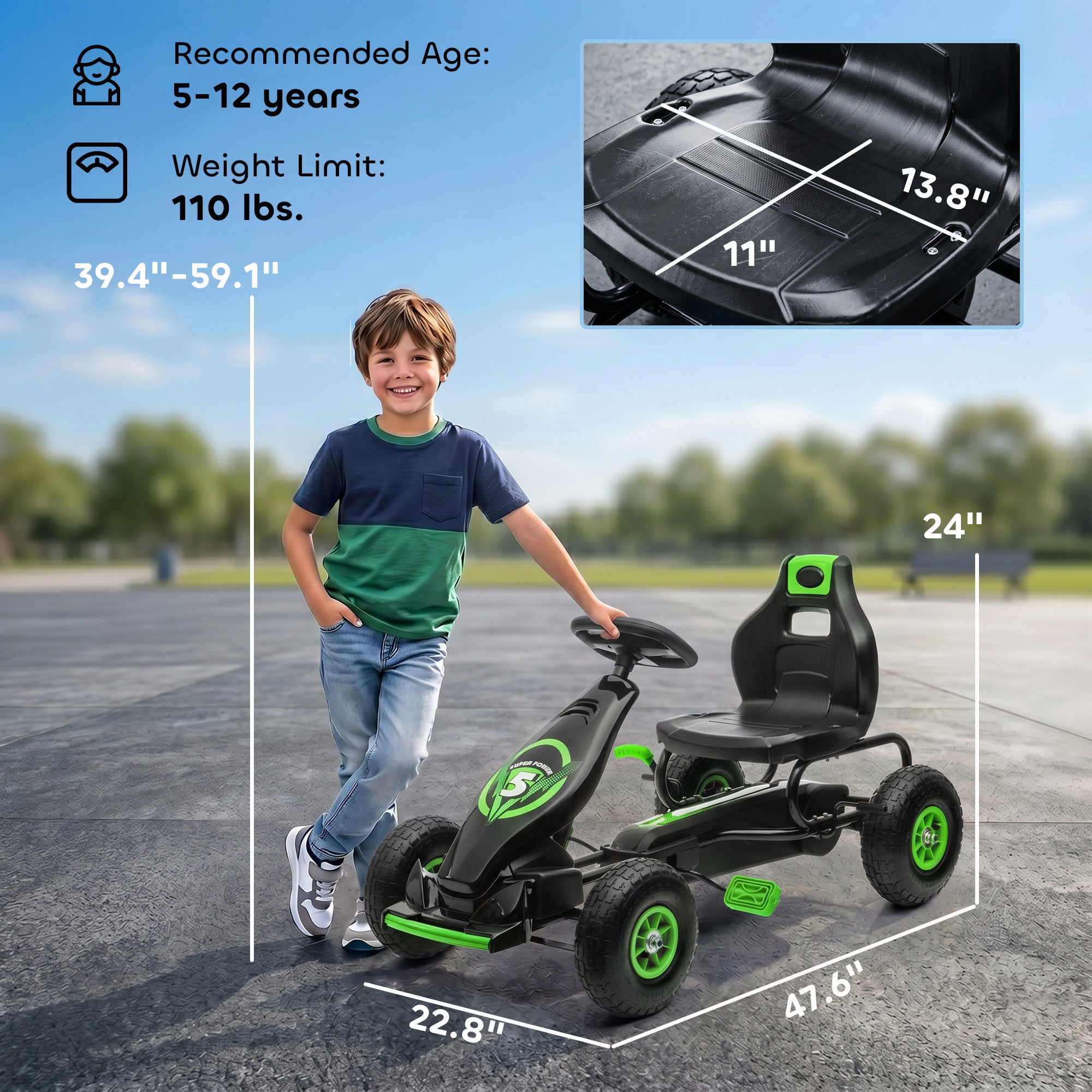 Ergonomic Pedal Go Kart Kids Ride-on Toy with Tough, Wear-Resistant Tread for Boys & Girls, Ages 5-12, Green