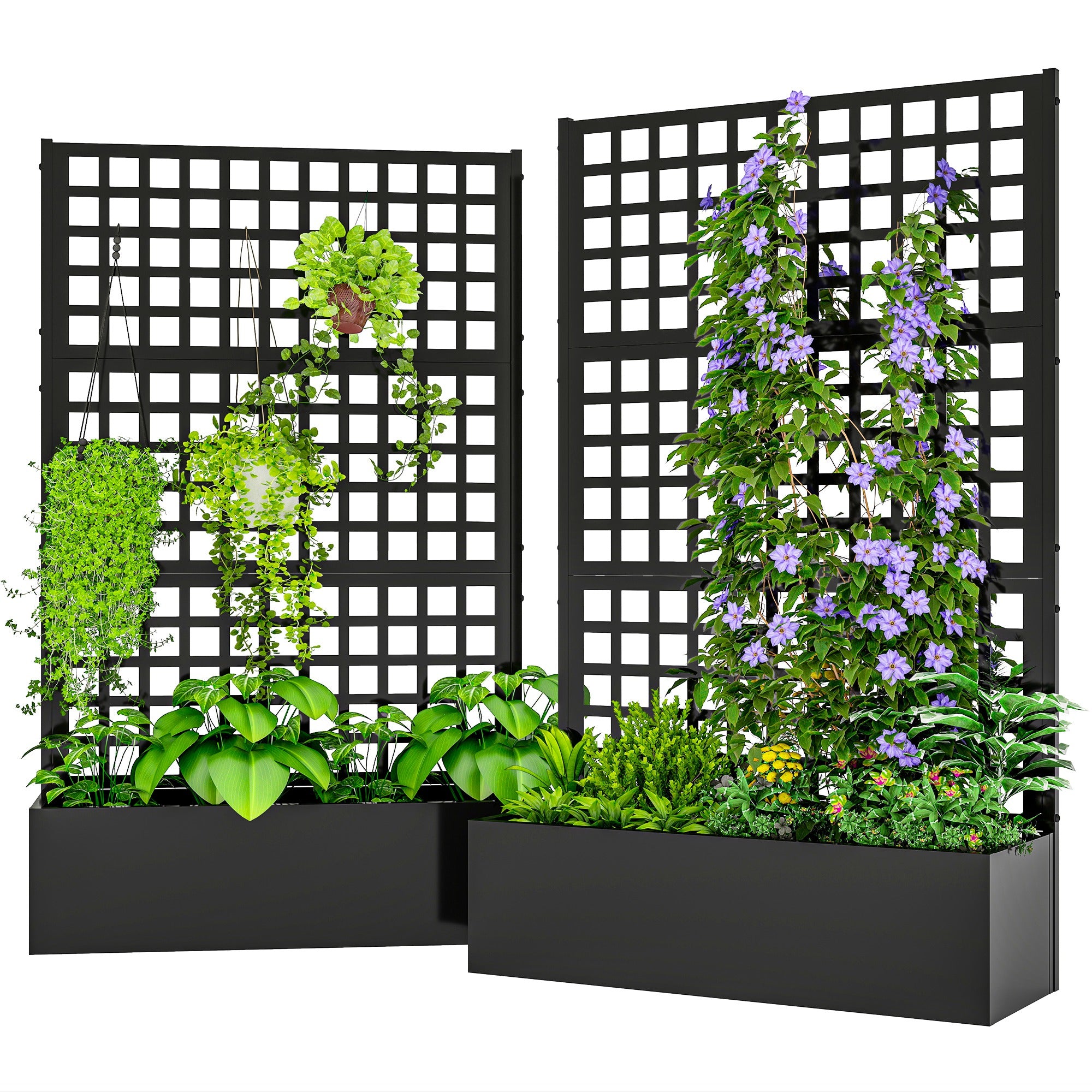 Galvanized Raised Garden Bed Planter Box with Trellis for Climbing Plants, Vegetable, Vines, 43" x 16" x 70", Black