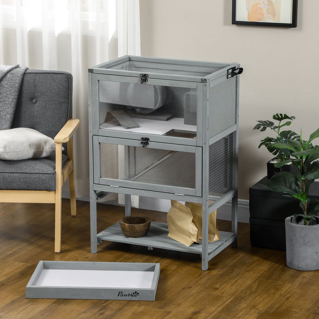 Wooden Hamster Cage with Storage Shelf, Large Rat Mouse Habitat Including Seesaw, Small Animal Cage with Sliding Tray, Wide Ramp for Racing, Running Wheel, 35.5" H