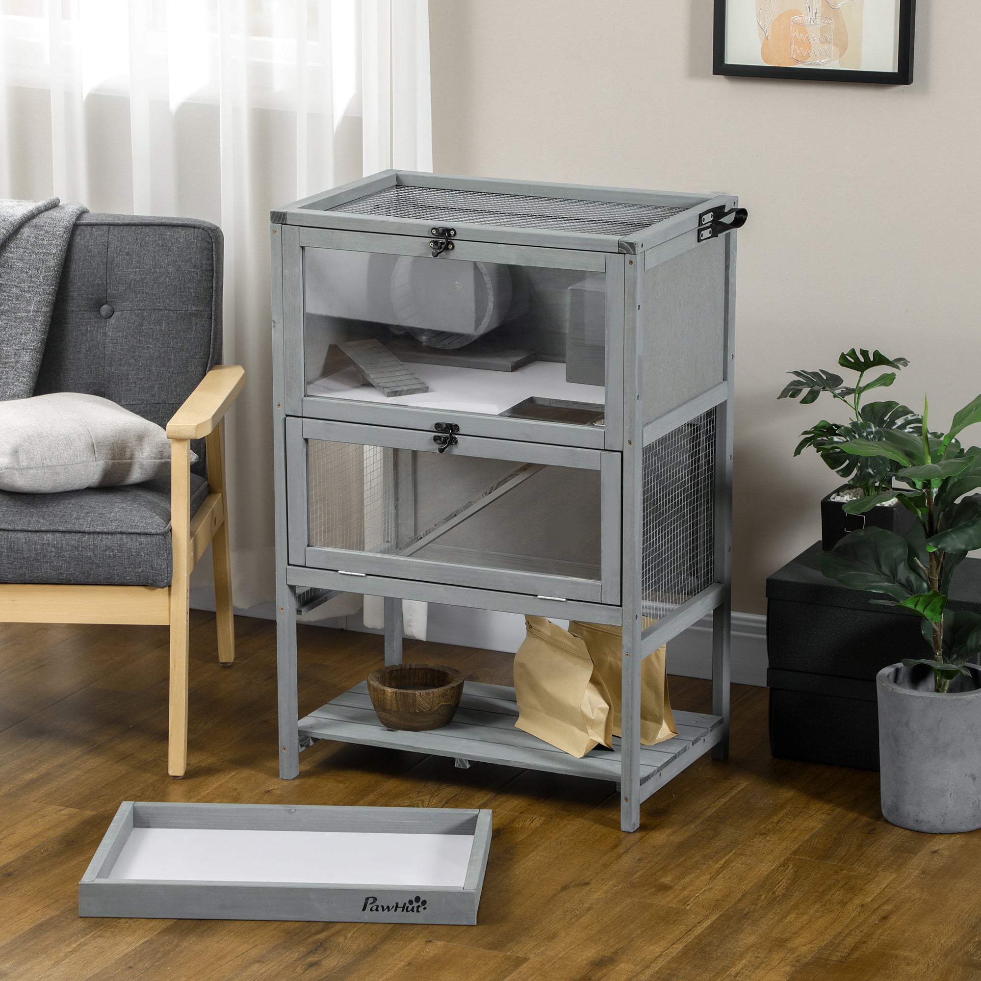 Wooden Hamster Cage with Storage Shelf, Large Rat Mouse Habitat Including Seesaw, Small Animal Cage with Sliding Tray, Wide Ramp for Racing, Running Wheel, 35.5" H