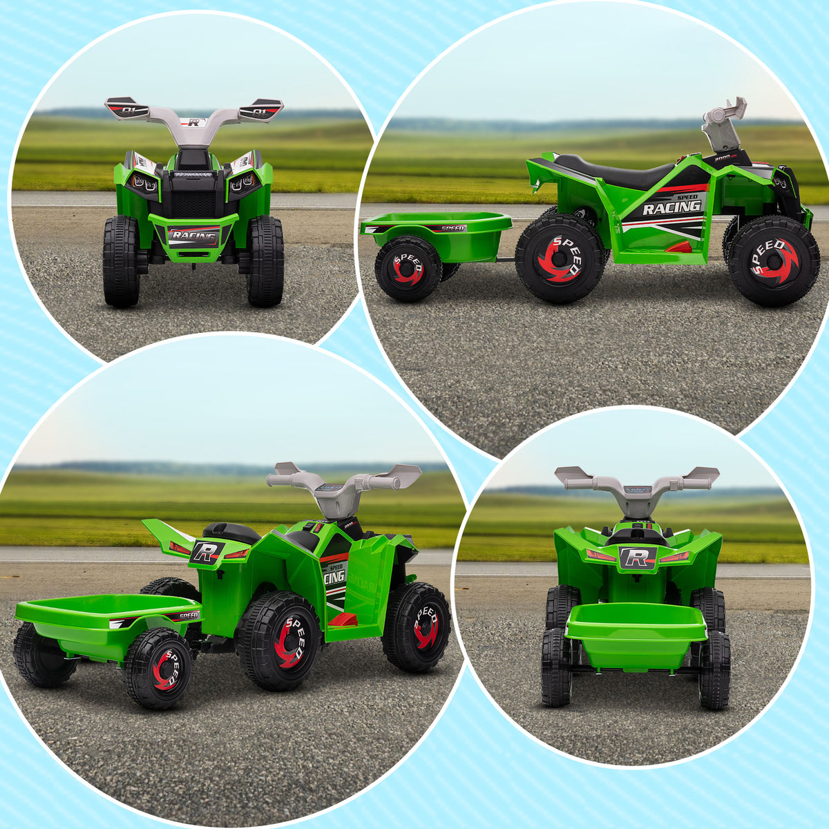 6V Electric Toy Car with Back Trailer, Forward Backward, Wear-Resistant Wheels for Ages 18-36 Months, Green