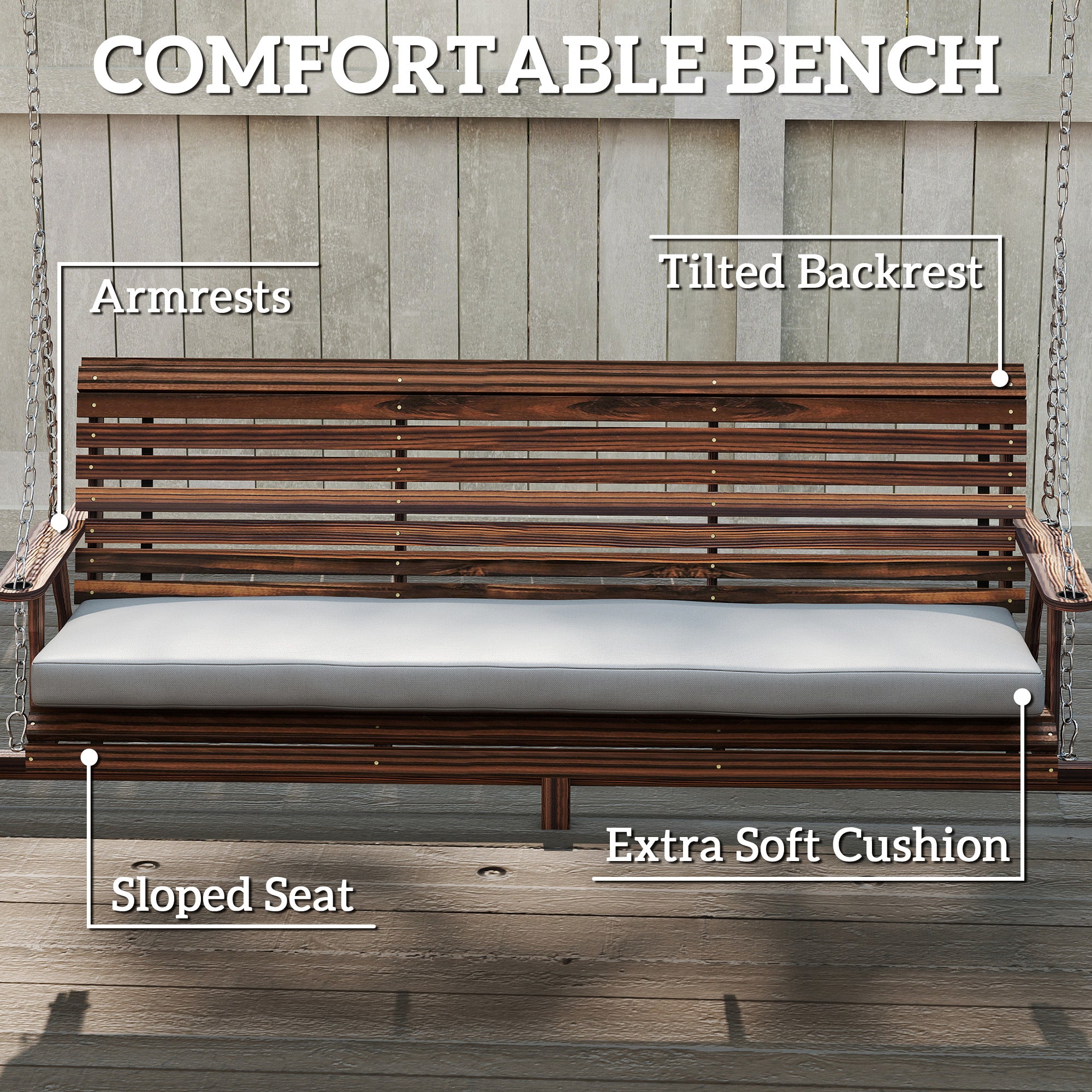 3 Seat Wooden Porch Swing with Stand, Patio Swing with Cushion, for Garden, Poolside, Backyard, Carbonized Brown