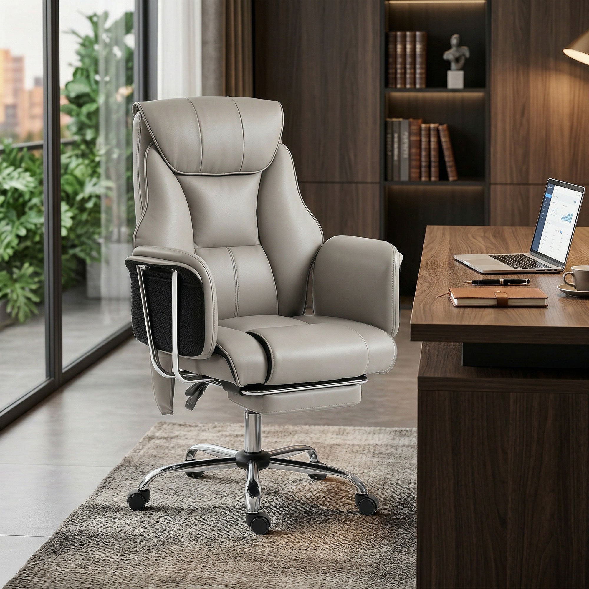 Massage Office Chair with 6 Points Vibration, Executive Desk Chair with High Back, PU Leather, Footrest, Gray