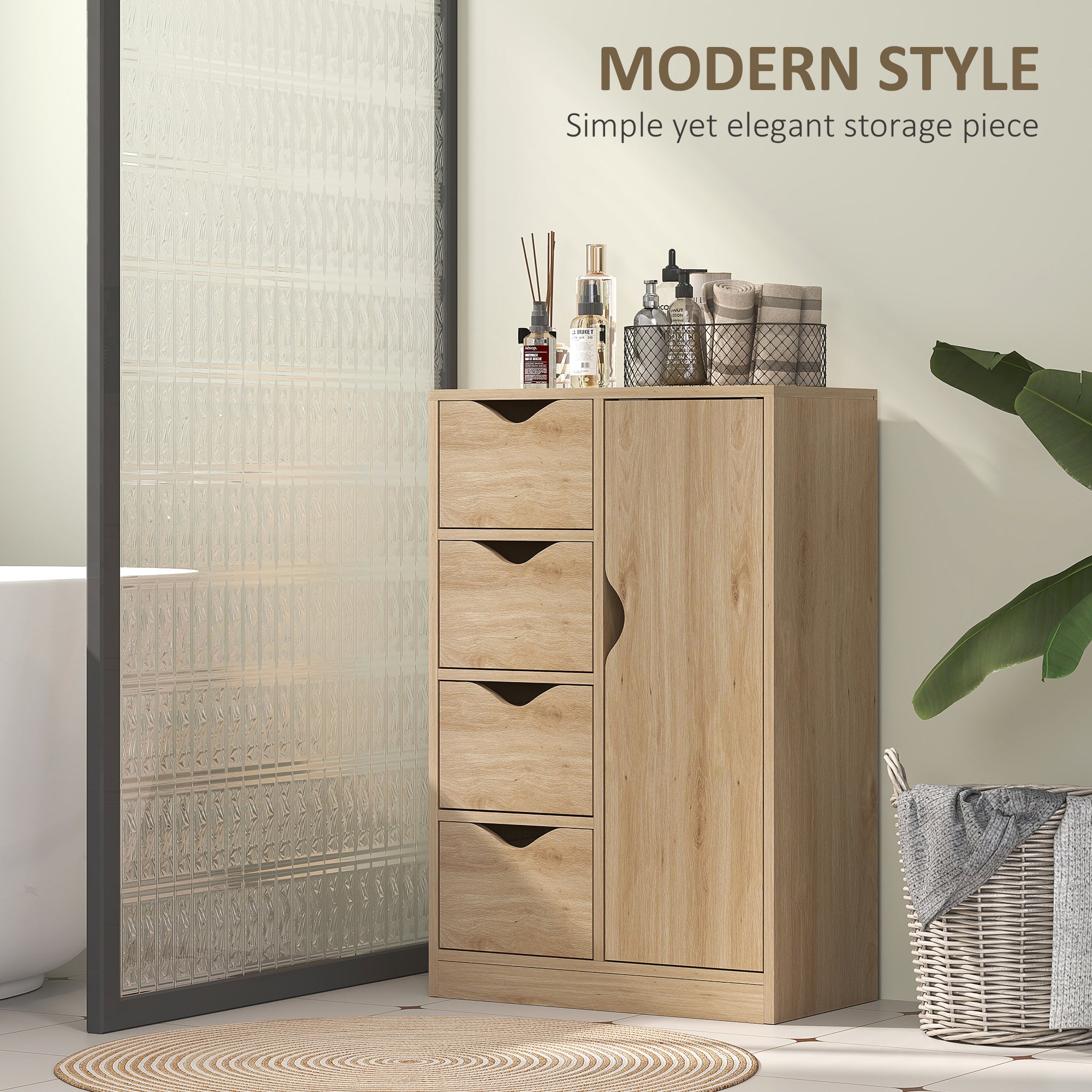 Freestanding Storage Cabinet, Bathroom Floor Cabinet with 4 Drawers and Door, Oak