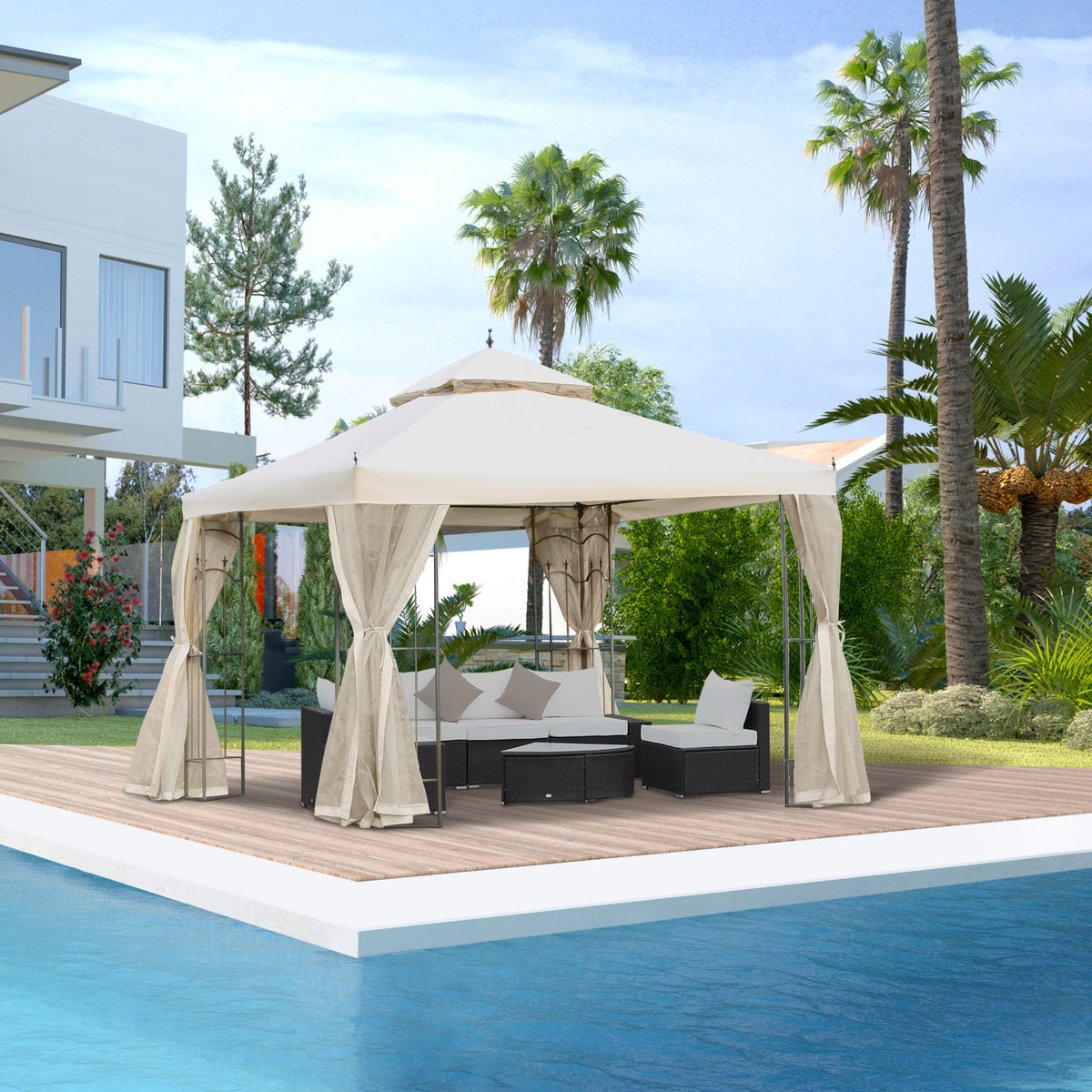 10' x 10' Patio Gazebo with Corner Frame Shelves, Double Roof Outdoor Gazebo Canopy Shelter with Netting for Patio, Wedding, Catering & Events, Cream White