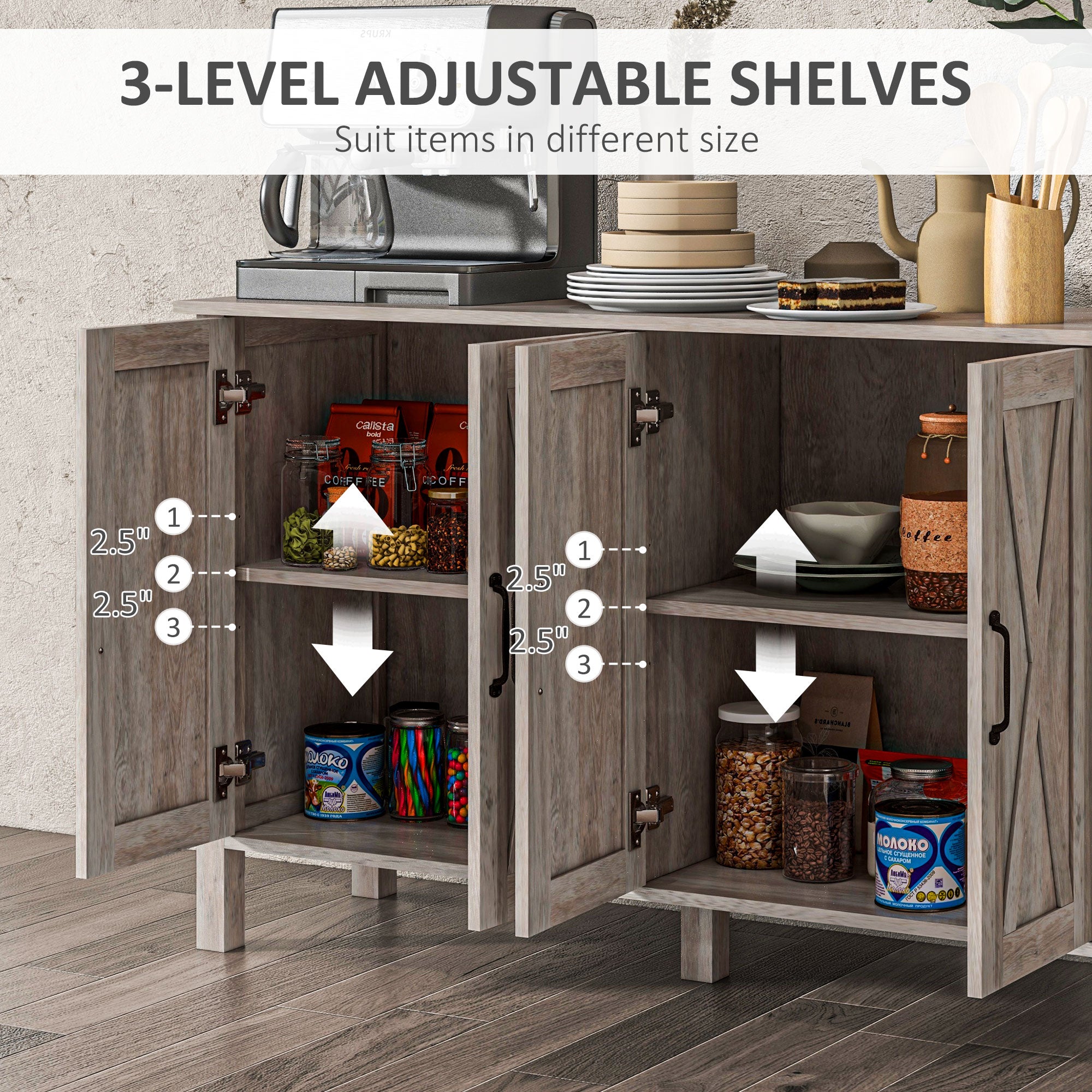 Sideboard Buffet with 4 Barn Doors and 2 Adjustable Shelves, Kitchen Buffet Cabinet for Living Room, Hallway, Gray