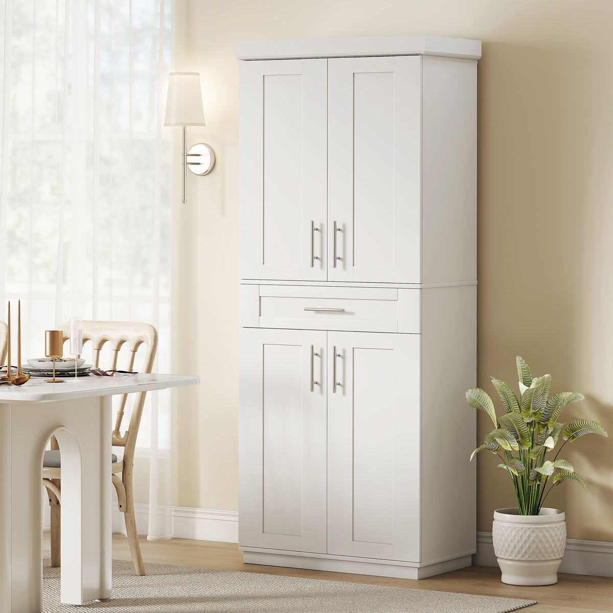 Modern Kitchen Pantry Freestanding Cabinet Cupboard with Doors and Drawer, Adjustable Shelving, White