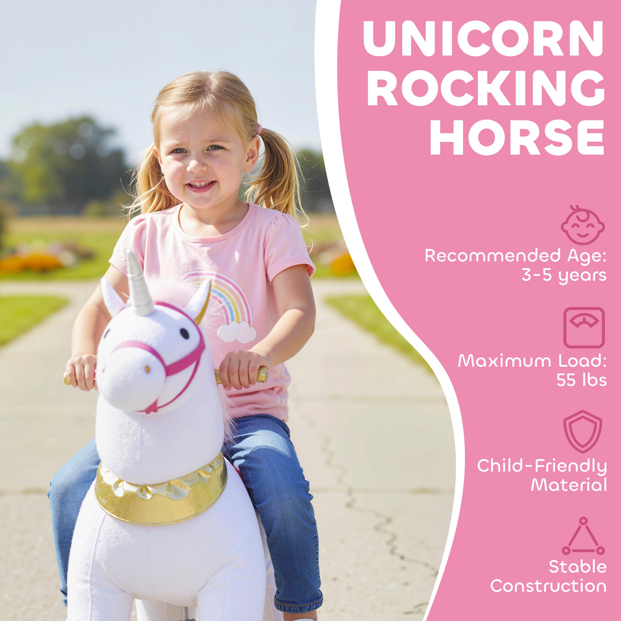 Ride on Unicorn Toy for Kids 3-5 Years, 29.5 Inch Plush Baby Rocking Horse with Wheels, No Battery Required, White