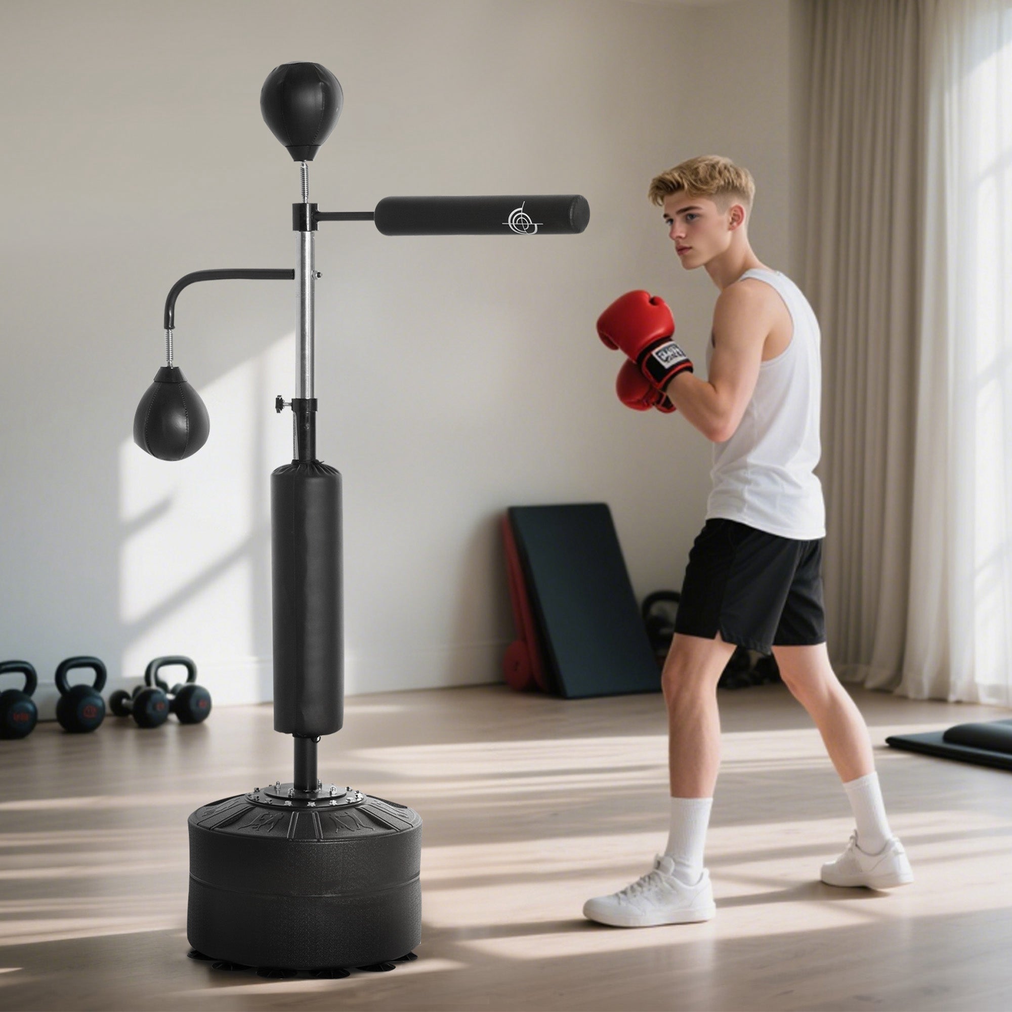 4-in-1 Boxing Punching Bag Stand with 2 Speedballs, 360° Relax Bar, & PU-Wrapped Bag & Adjustable Height, Black