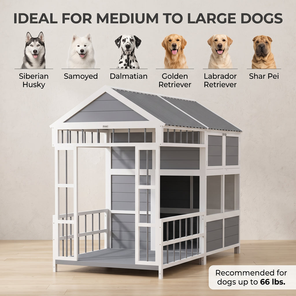 79"L Large Dog House Outdoor, Wooden Dog Kennel with Porch, Storage Cabinet,Weatherproof Roof, Windows
