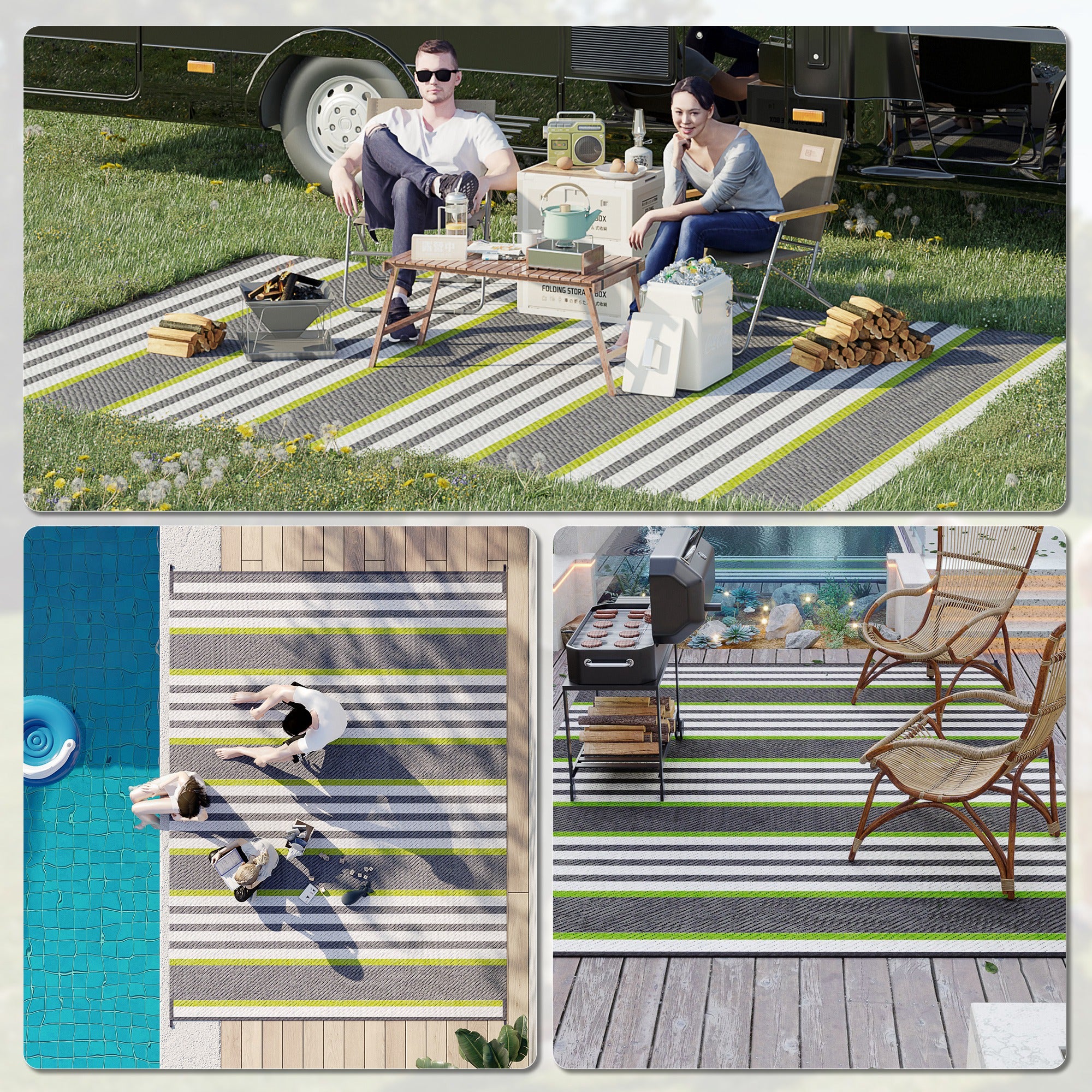 Reversible Outdoor Rug, 9' x 12' Waterproof Plastic Straw Floor Mat, Portable RV Camping Carpet, Large Floor Mat for Backyard, Deck, Picnic, Beach, Green & Gray Stripes