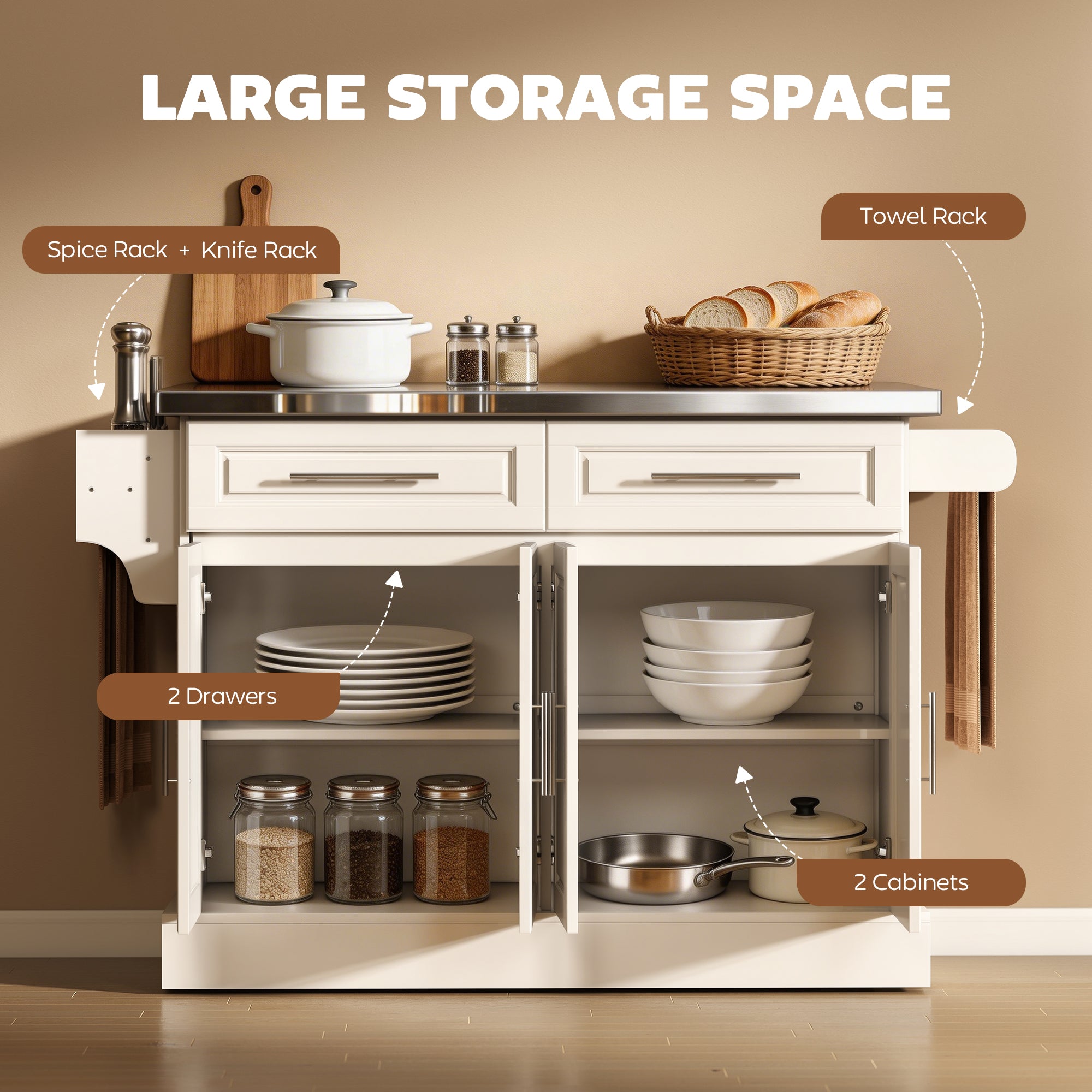 Rolling Kitchen Island with Stainless Steel Top, 2 Drawers, Spice, Knife and Towel Rack and Cabinets, Cream White