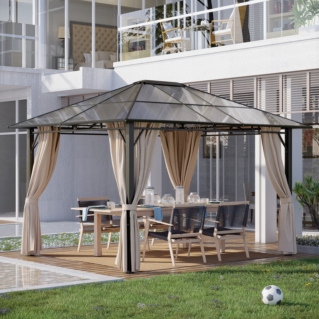 10' x 12' Hardtop Gazebo Canopy with Polycarbonate Roof, Aluminum Frame, Permanent Pavilion Outdoor Gazebo with Curtains for Patio, Garden, Backyard, Deck, Lawn, Dark Brown, Off-White