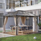 10' x 12' Hardtop Gazebo Canopy with Polycarbonate Roof, Aluminum Frame, Permanent Pavilion Outdoor Gazebo with Curtains for Patio, Garden, Backyard, Deck, Lawn, Dark Brown, Off-White