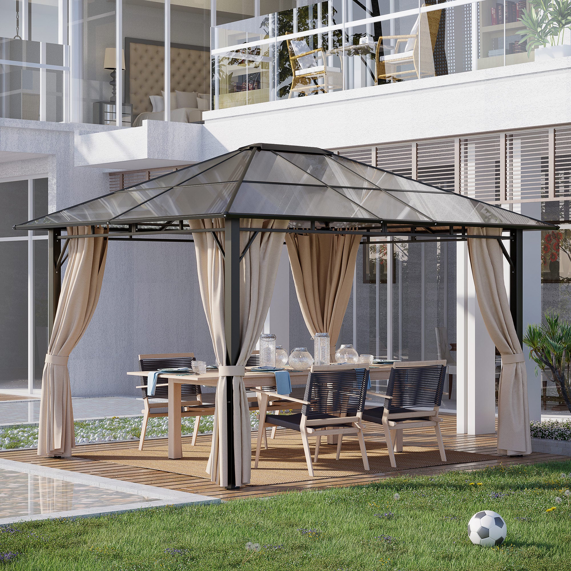 10' x 12' Hardtop Gazebo Canopy with Polycarbonate Roof, Aluminum Frame, Permanent Pavilion Outdoor Gazebo with Curtains for Patio, Garden, Backyard, Deck, Lawn, Dark Brown, Off-White