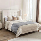 Peyton Upholstered Queen Bed Frame with 54" High Headboard, Hand Buttoned Tufting, Nailhead Trim Wingback, No Box Spring Needed, Easy Assembly, Ivory Velvet, Ivory