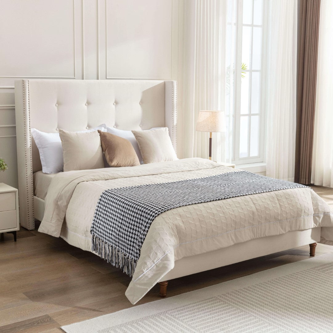 Peyton Upholstered Queen Bed Frame with 54" High Headboard, Hand Buttoned Tufting, Nailhead Trim Wingback, No Box Spring Needed, Easy Assembly, Ivory Velvet, Ivory