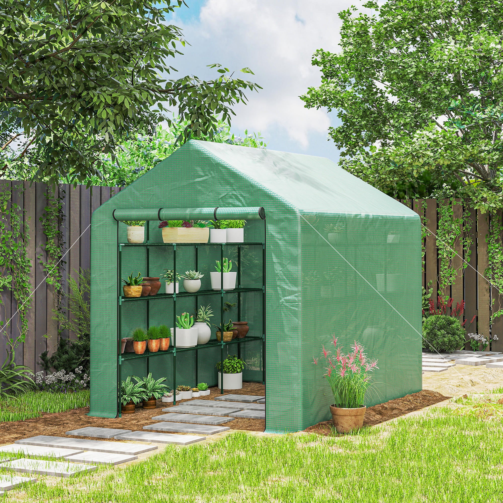 Outdoor Walk-in Greenhouse with Roll-up Zipper Door, 18 Shelves, PE Cover, 95.25" x 70.75" x 82.75", Green