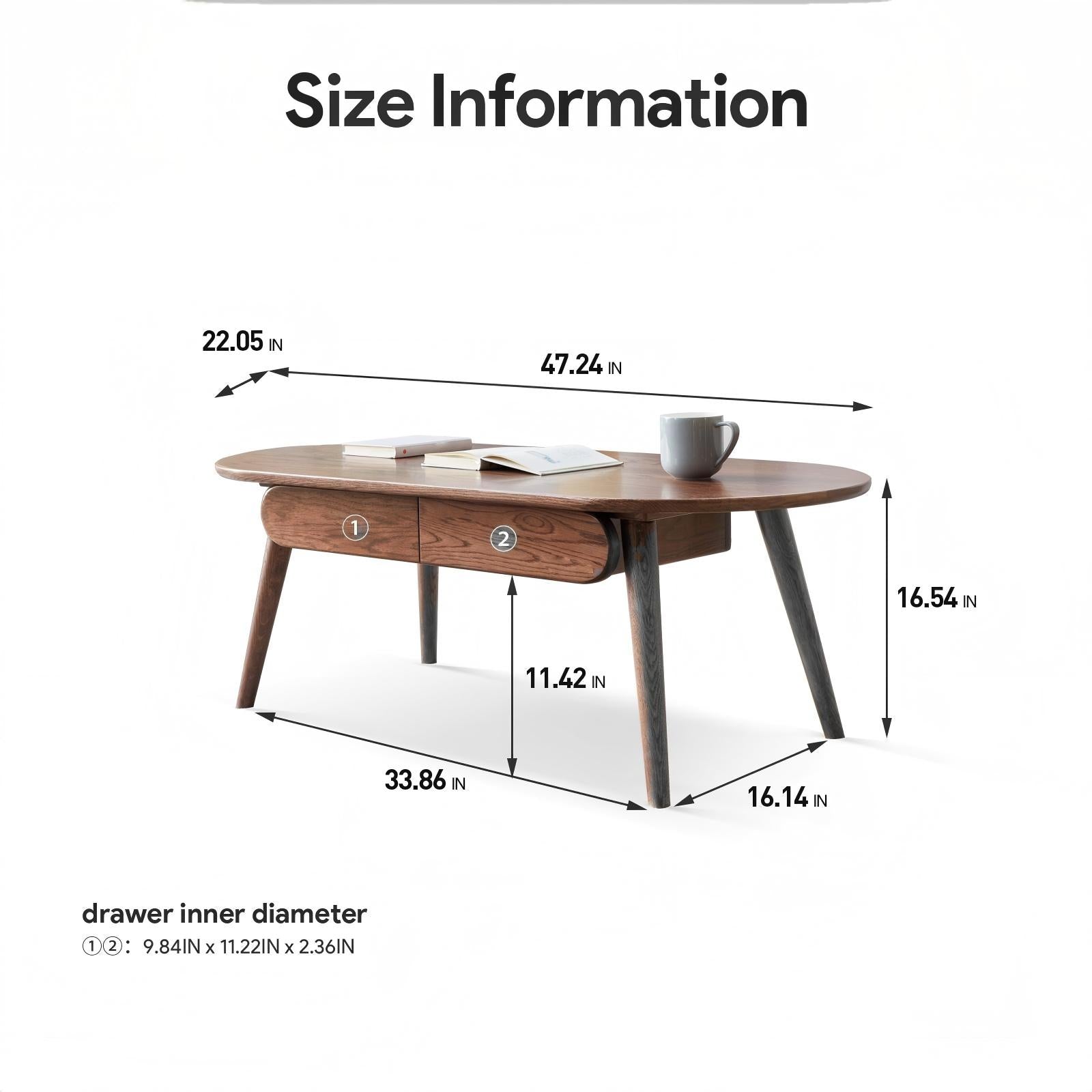 Solid Coffee Table with Modern Oval Top and Rounded Corners, Sturdy Center Table with 2 Storage Drawers, 47″ L x 22″ W x 16.5″ H, Walnut