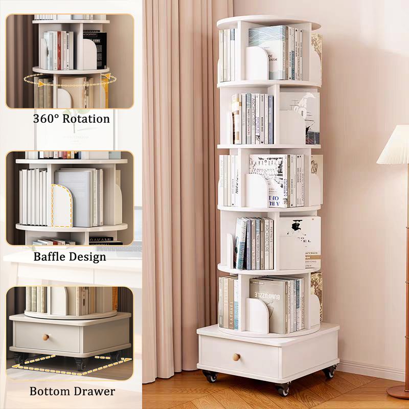 Rotating Bookshelf with Drawer and 360-Degree Display, Wood Narrow Book Shelf Organizer for Small Spaces, 18" L x 18" W x 69" H, White
