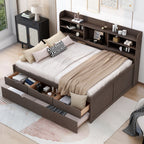 Classic Style Full Size Wooden Captain Bed with Built-in Bookshelves, 3 Storage Drawers, Trundle, 79" L x 104.5" W x 47" H, Antique Gray
