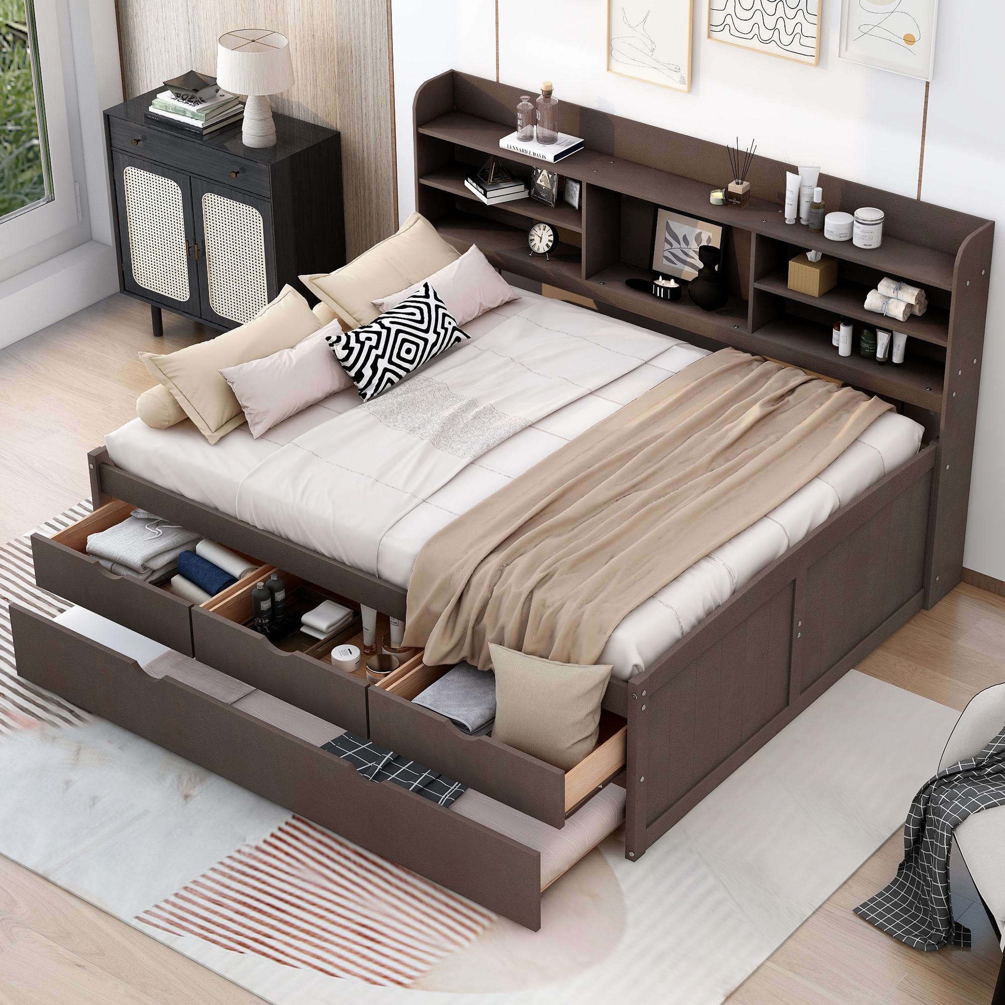 Classic Style Full Size Wooden Captain Bed with Built-in Bookshelves, 3 Storage Drawers, Trundle, 79" L x 104.5" W x 47" H, Antique Gray