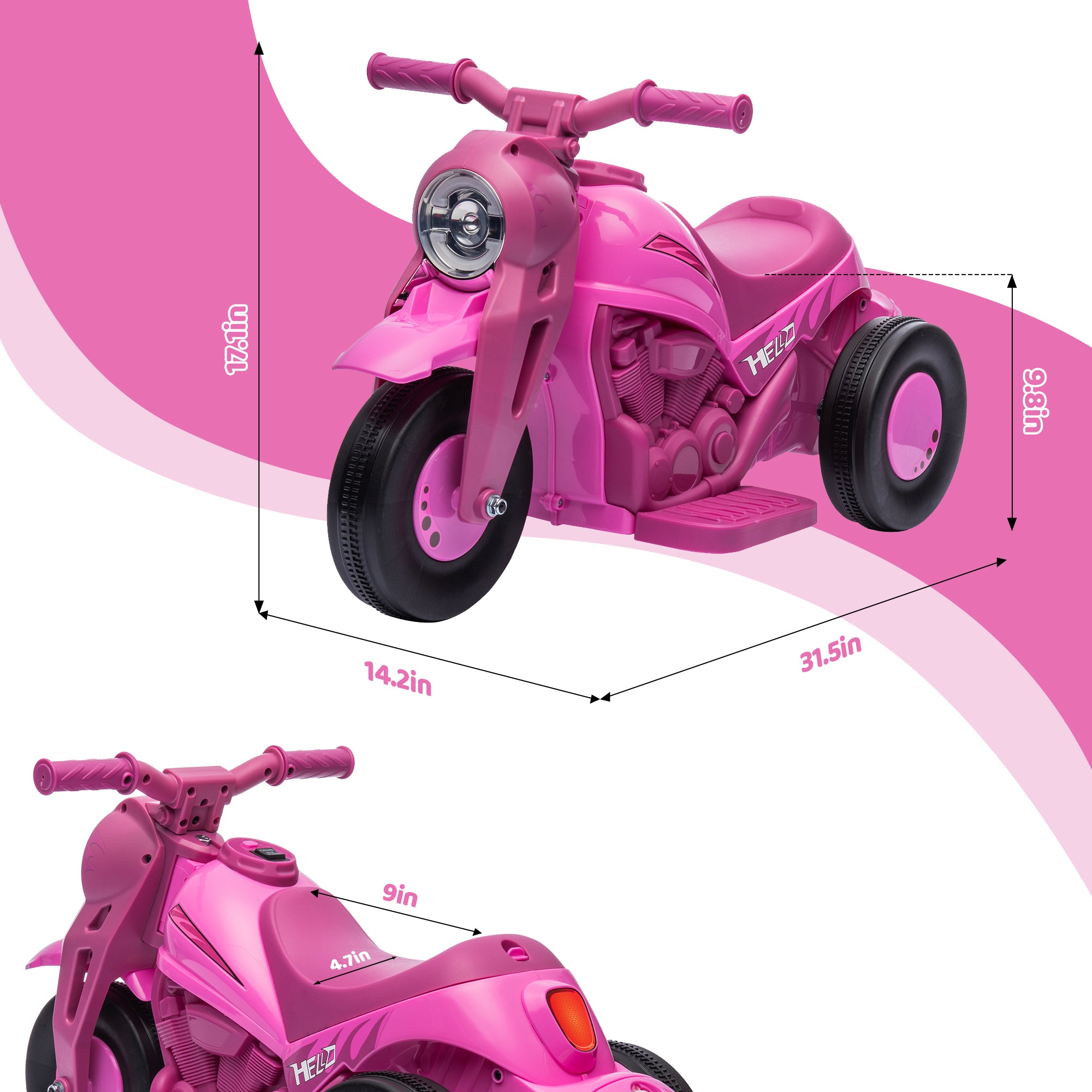 Ride On Motorcycle, 6V Ride on Bubble Car, 3 Wheeled Electric Motorcycle for Kids w/ LED Headlight, Music, Pink