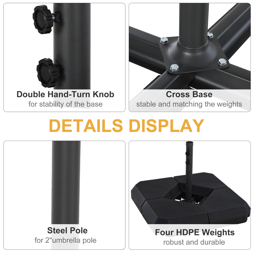 Umbrella Stand Fitting 2" Poles and Steel Base with 4 Fillable Plastic Weights, 4 Gal. Capacity Each - Black