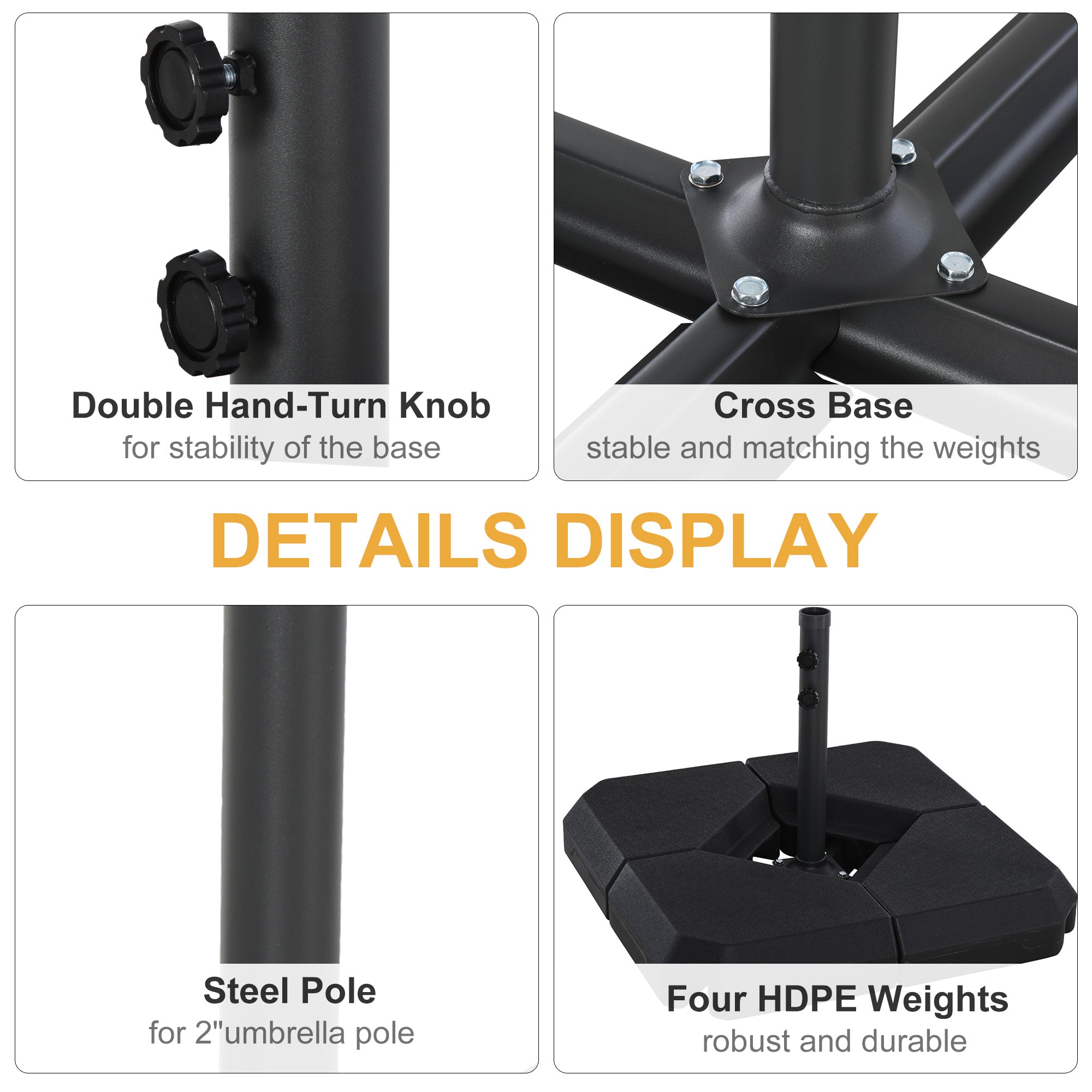 Umbrella Stand Fitting 2" Poles and Steel Base with 4 Fillable Plastic Weights, 4 Gal. Capacity Each - Black