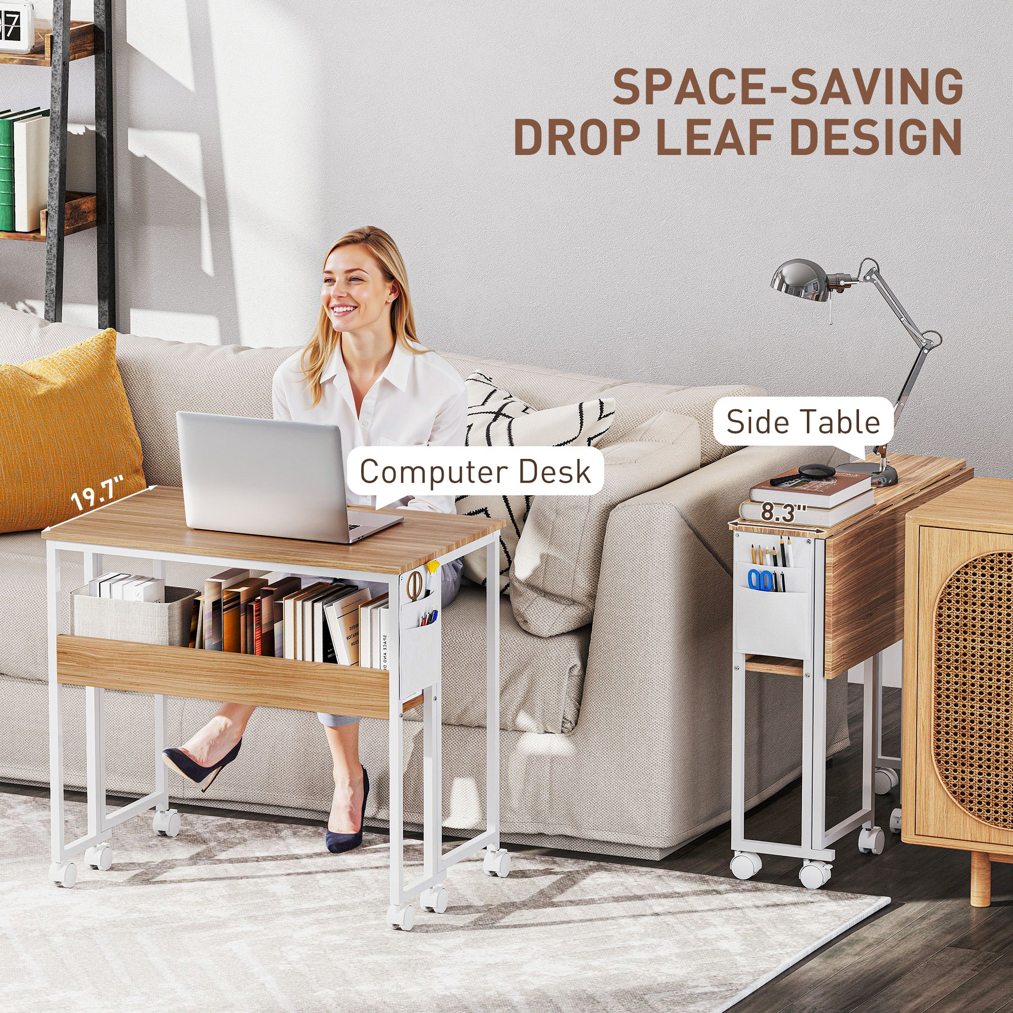 Folding Computer Desk, Foldable Desk with Storage Bag, Shelf and Wheels for Small Spaces, Home Office, Natural Wood